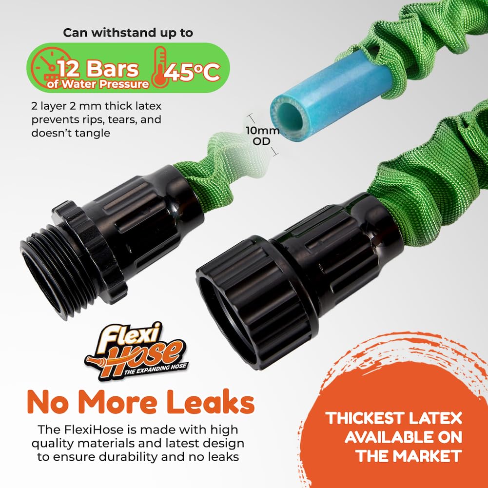 Flexi Hose Expandable Garden Hose 150FT - Heavy Duty Water Hose with 3/4-Inch Solid Brass Fittings, Retractable Design & Spray Nozzle Included - Green (45 Meters) - Perfect for Lawn Care, Car Washing, and Outdoor Watering