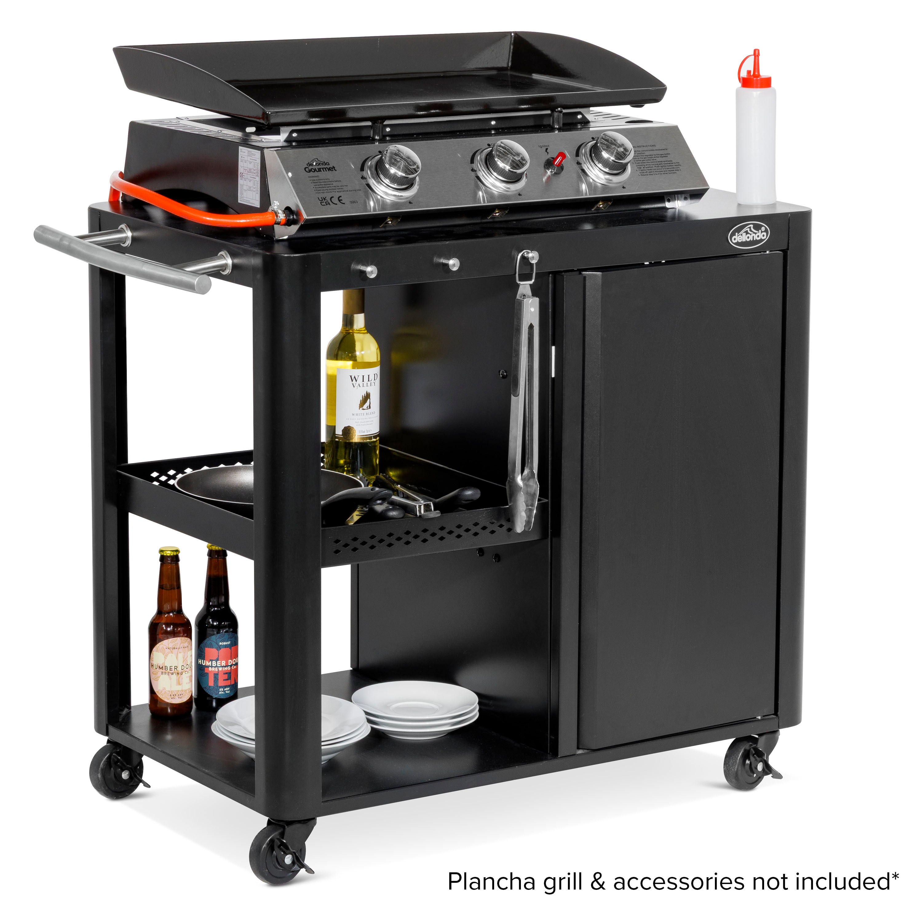 Premium BBQ Grill Cart with Storage Cabinet, Extendable Side Table & Utensil Hooks - Heavy Duty Outdoor Cooking Station for Patio, Backyard & Camping - Black (Model DG282)