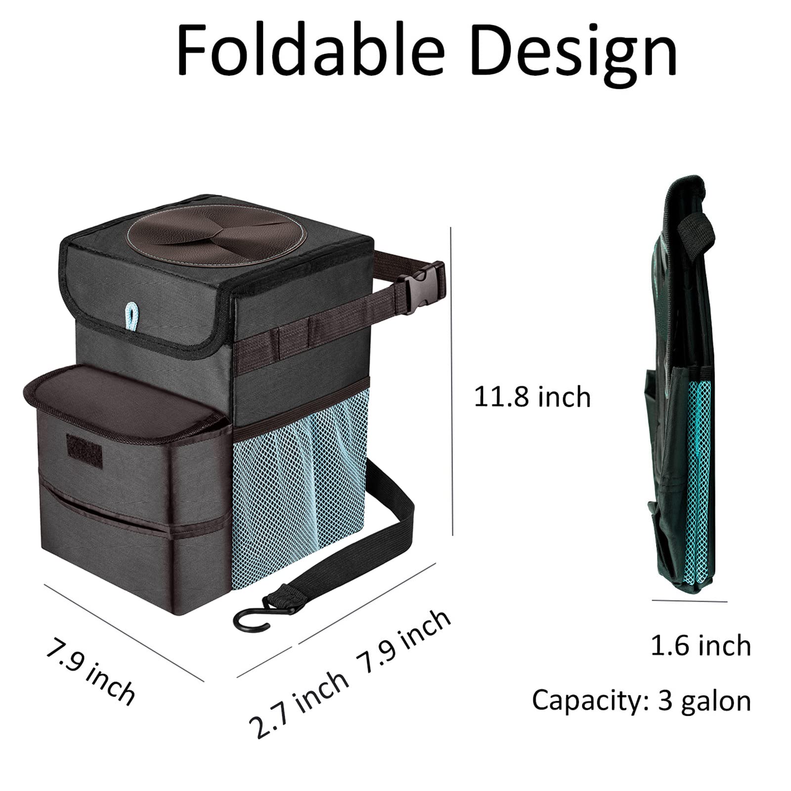 Foldable Car Trash Can - 3 Gallon Leakproof Auto Garbage Bin for Vehicles (Black/Blue) | Ideal for Road Trips, Commuting & Keeping Your Car Clean