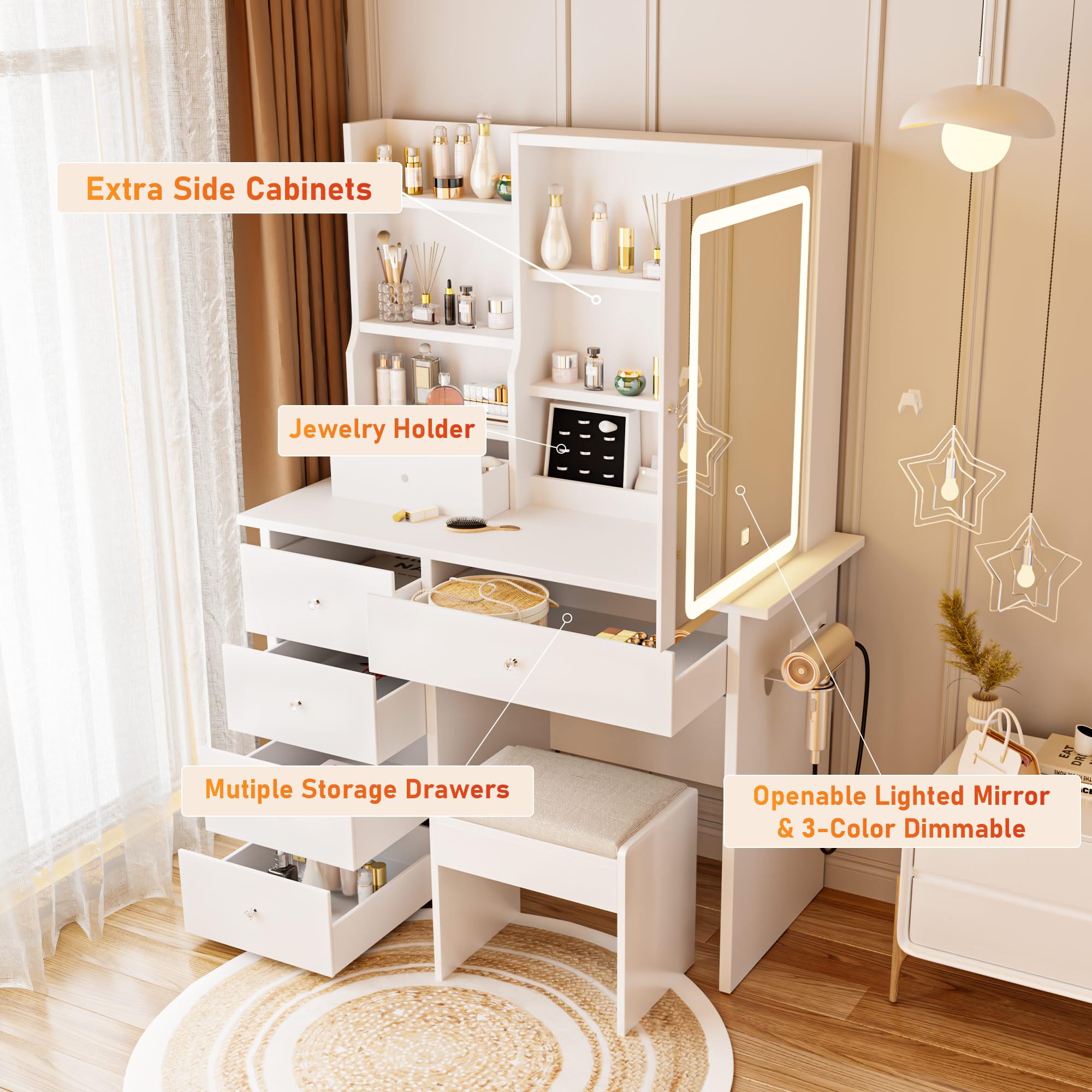 DYHOME White Makeup Vanity Desk with LED Lights & USB Charging Station - 6-Drawer Dressing Table with Mirror, Jewelry Storage & Stool - 3 Color Lighting Modes for Bedroom, Salon & Home Beauty Setup