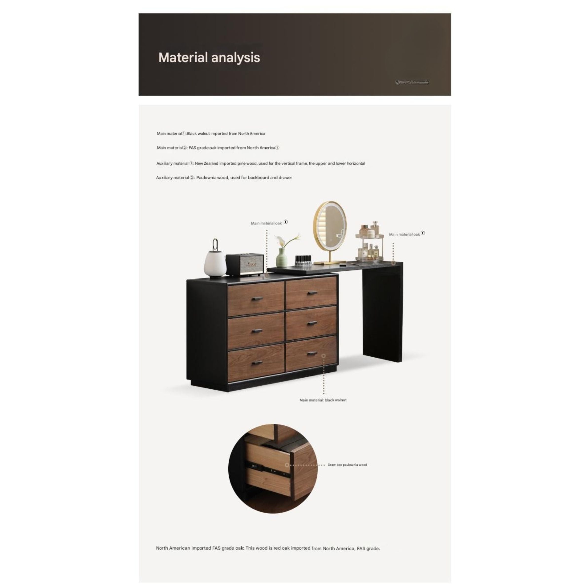 Premium Black Walnut & Oak Solid Wood Italian Vanity Dressing Table - Elegant Light Luxury Makeup Desk for Bedroom, Boudoir, and Master Bathroom