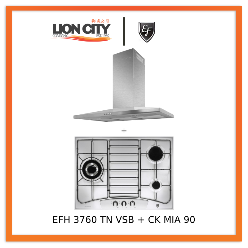 EF CK Mia 90cm Stainless Steel Kitchen Chimney Hood with EF EFH3760 68cm 3-Burner Gas Hob - Perfect for Modern Home Cooking & Ventilation