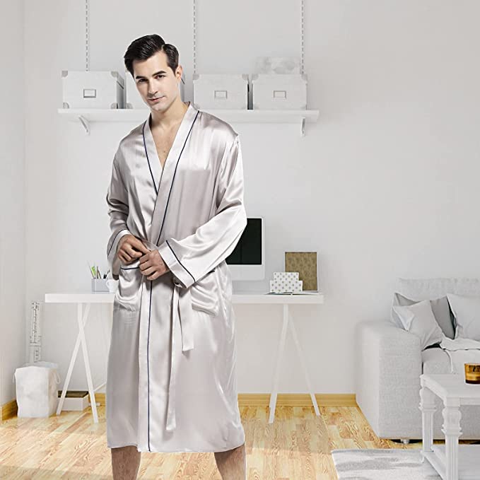Luxury Mulberry Silk Robe for Men - Lightweight Long Sleeve Bathrobe & Sleepwear - Perfect for Spa, Lounging & Relaxation at Home