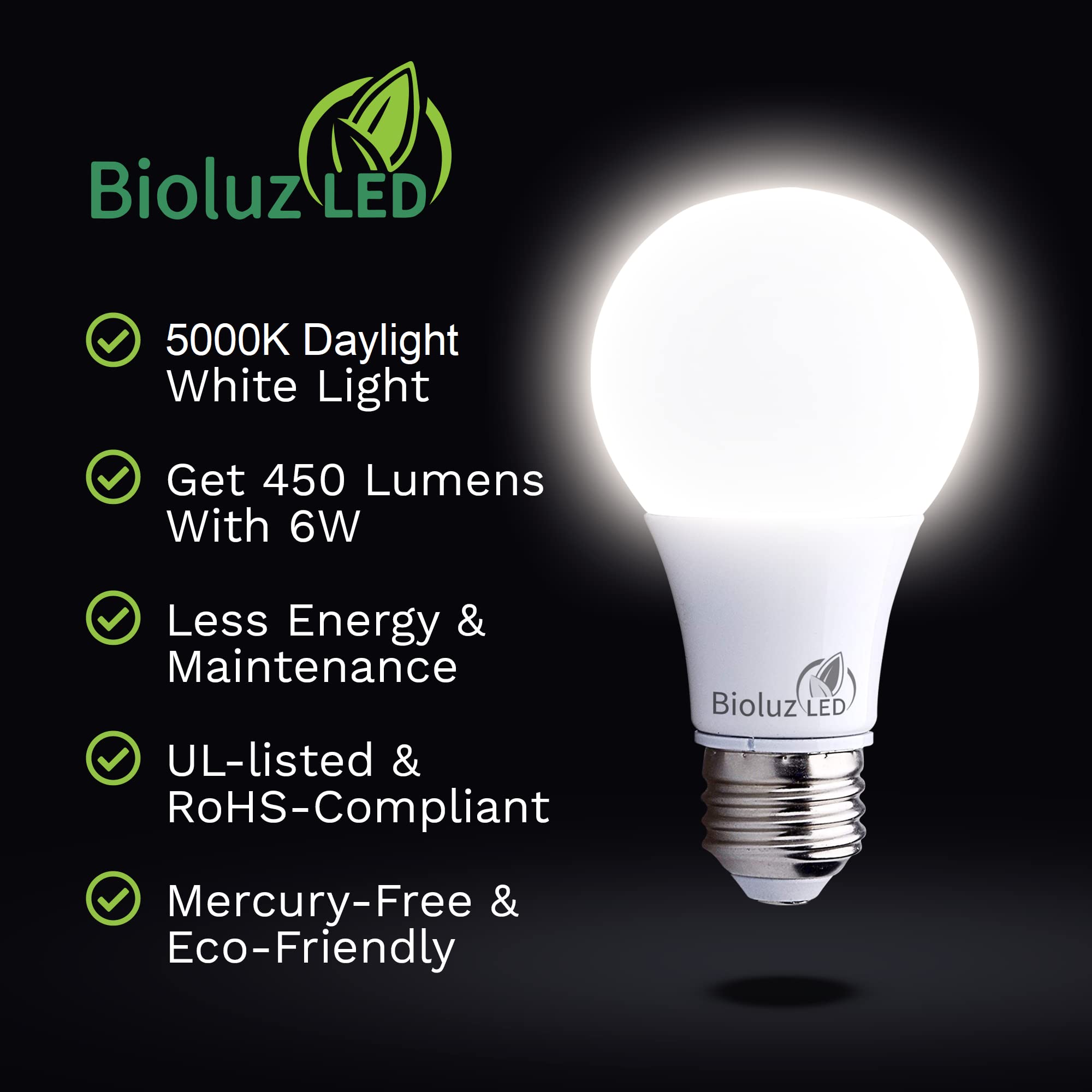 Bioluz LED A19 Light Bulbs 6W (40W Equivalent) 5000K Daylight White - Non-Dimmable, Energy Efficient, Long Lasting LED Bulbs for Home, Bedroom, Living Room, Office - 18 Pack