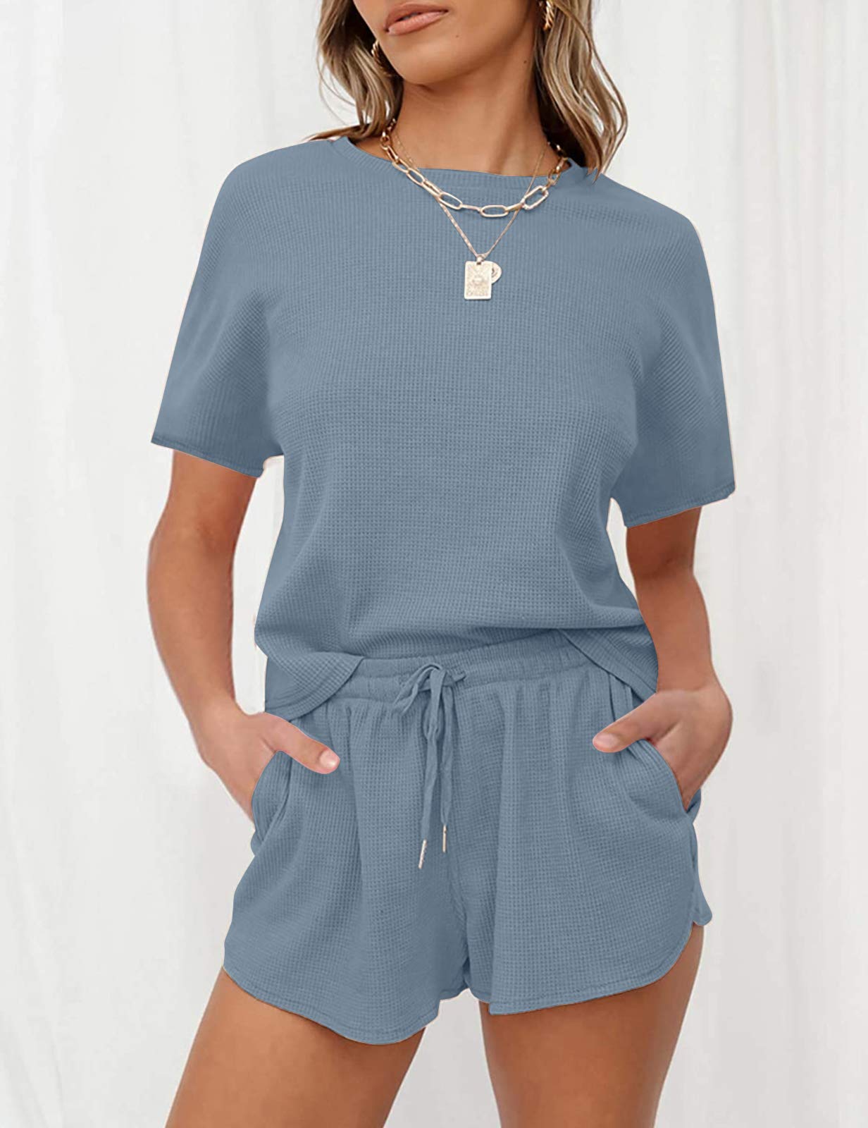 MEROKEETY Women's Short Sleeve Waffle Pajama Set - Soft Lounge Top & Comfy Shorts 2-Piece Sleepwear for Cozy Nights & Relaxing at Home