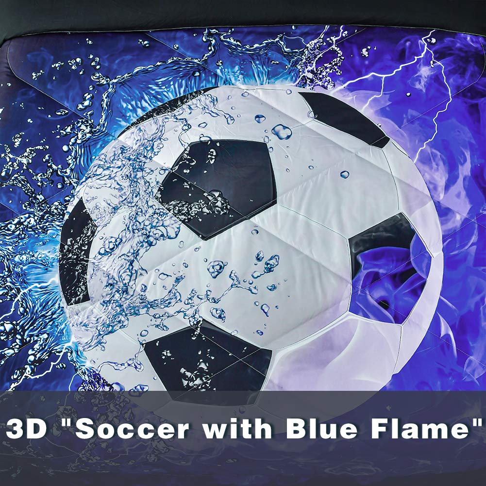 Andency Twin Soccer Comforter Set (66x90 Inch) - 2 Piece Blue Flame Soccer Bedding with Pillowcase | Soft Microfiber Sports Themed Comforter for Boys, Girls, Kids & Teens | Perfect for Bedrooms, Dorms, Sleepovers & Soccer Fans