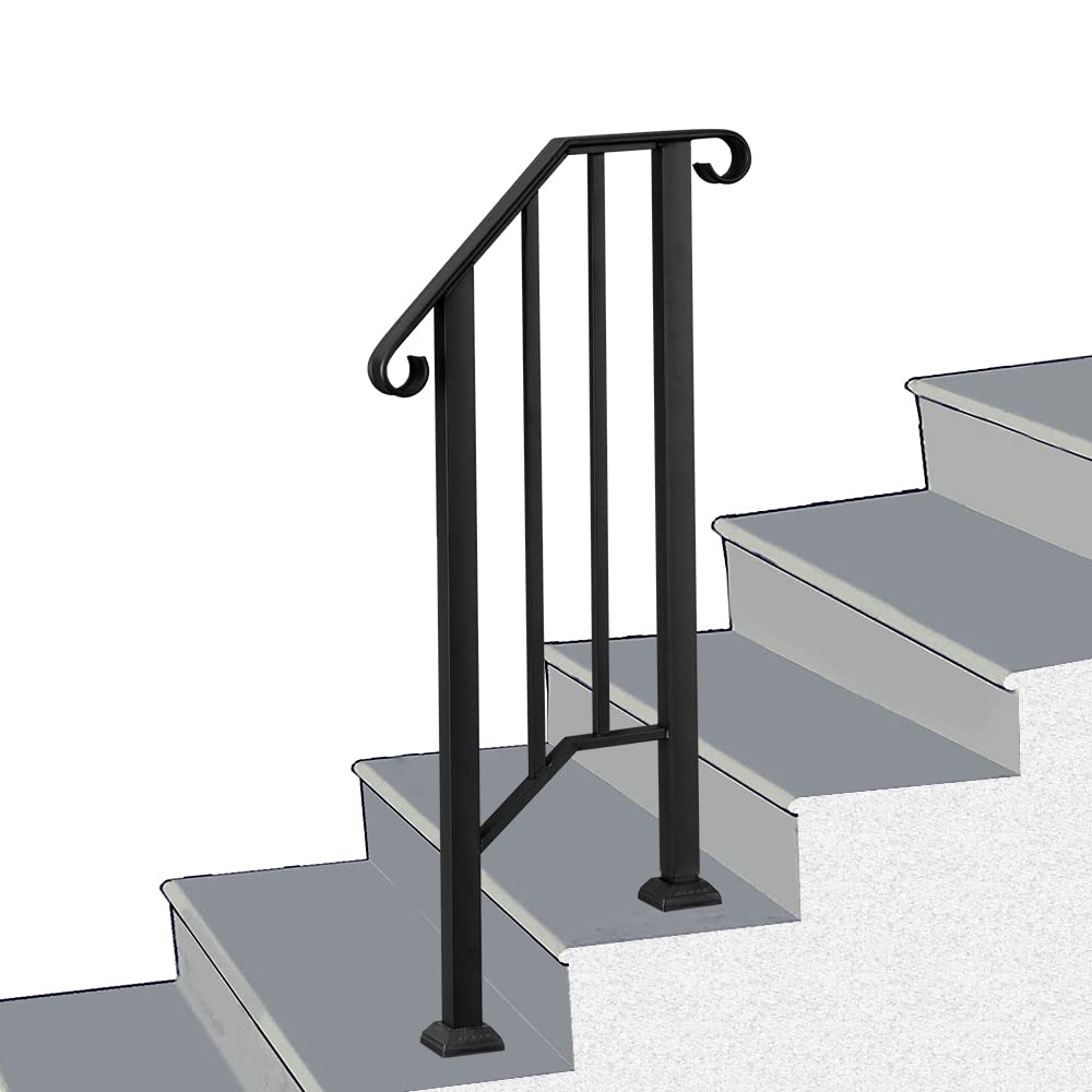Artisasset Matte Black Outdoor 1st Tier Iron Handrail - Durable Stair Railing for Porch, Deck & Balcony Safety
