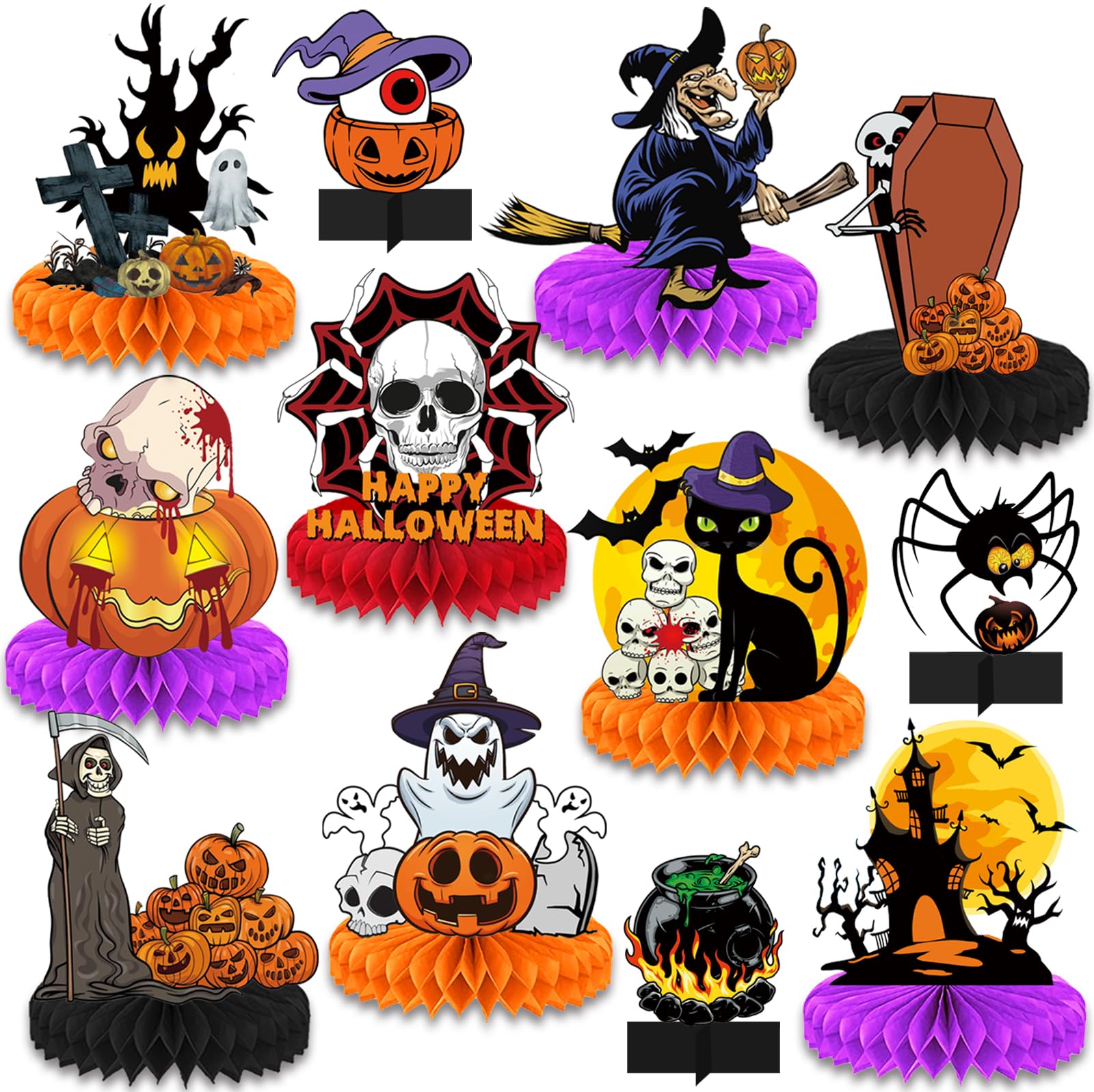 12pcs Halloween Honeycomb Centerpieces - Black Orange Bloody Table Decorations for Party Supplies | Spooky Table Toppers & Sign Decor for Halloween Home, Office & Classroom Decorations