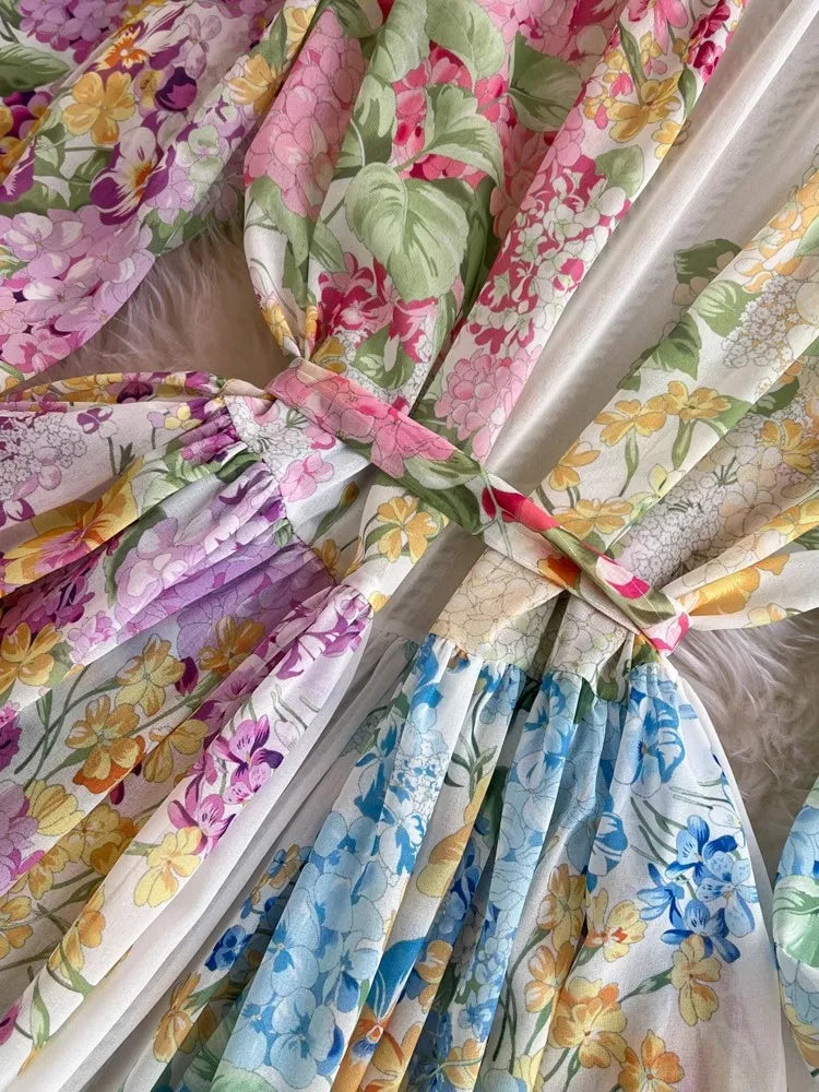 Bohemian Floral Maxi Dress for Women - Long Lantern Sleeve, Single Breasted, Lace-Up Boho Robe with Floral Print | Perfect for Beach Vacations, Summer Parties & Boho Fashion