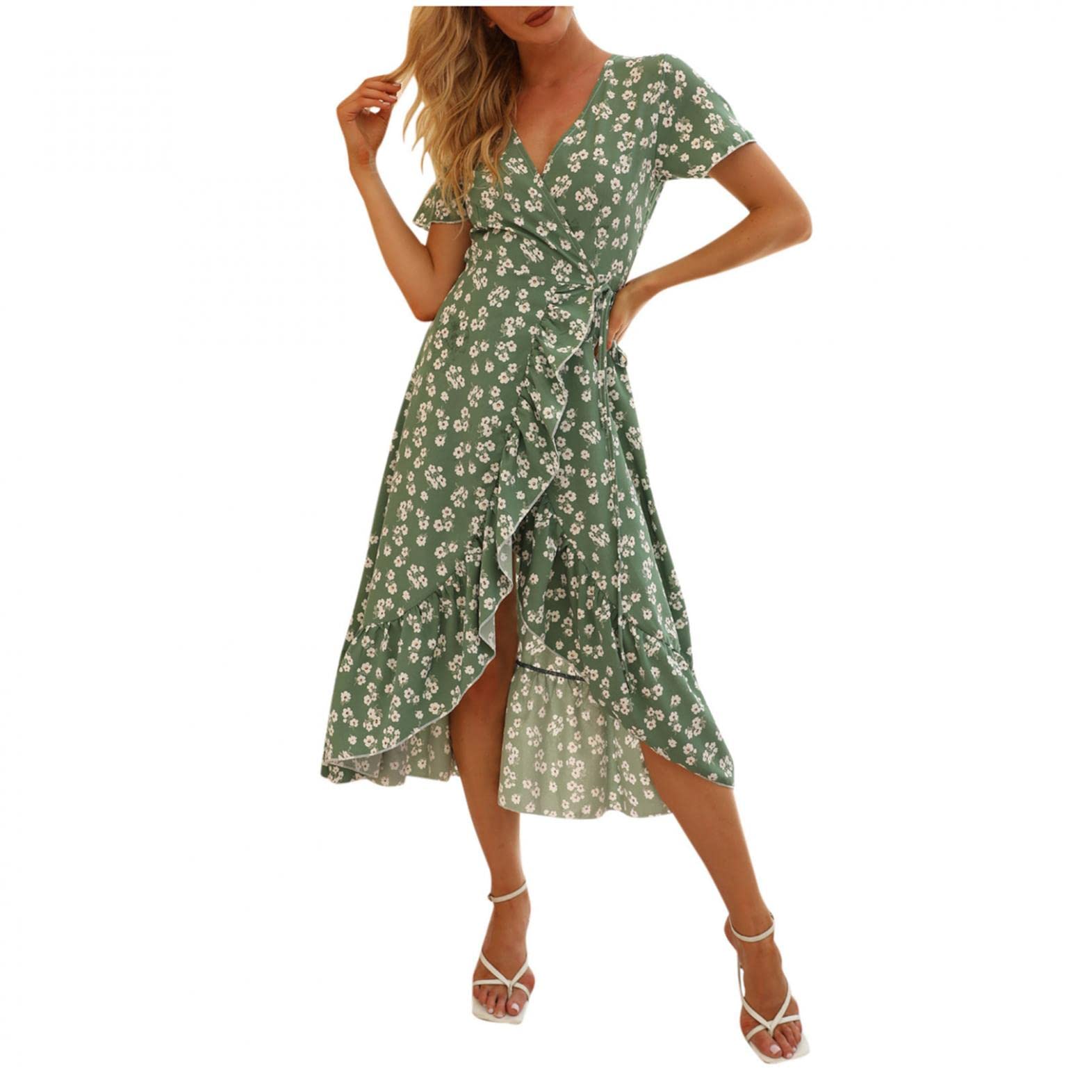 Bohemian Floral Print Wrap V-Neck Midi Dress for Women - Summer Beach Party Flowy Short Sleeve Dress with Belt (Green) - Perfect for Vacations, Weddings & Casual Outings