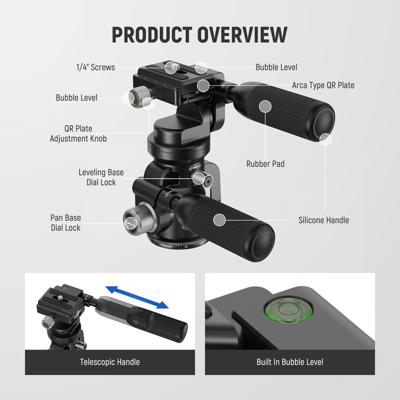NEEWER 3-Way Pan Tilt Tripod Head with ±15° Leveling Bowl, 3-Axis Fluid Damping Head for DSLR Cameras - Arca-Swiss Quick Release Plate, 13.2lb Load Capacity, Retractable Handle (Model GM37) - Perfect for Photography, Videography & Live Streaming