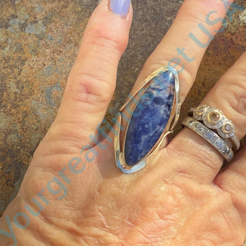 Sterling Silver Adjustable Denim Sodalite Long Ring for Women - Boho Chic Jewelry for Everyday Wear & Special Occasions