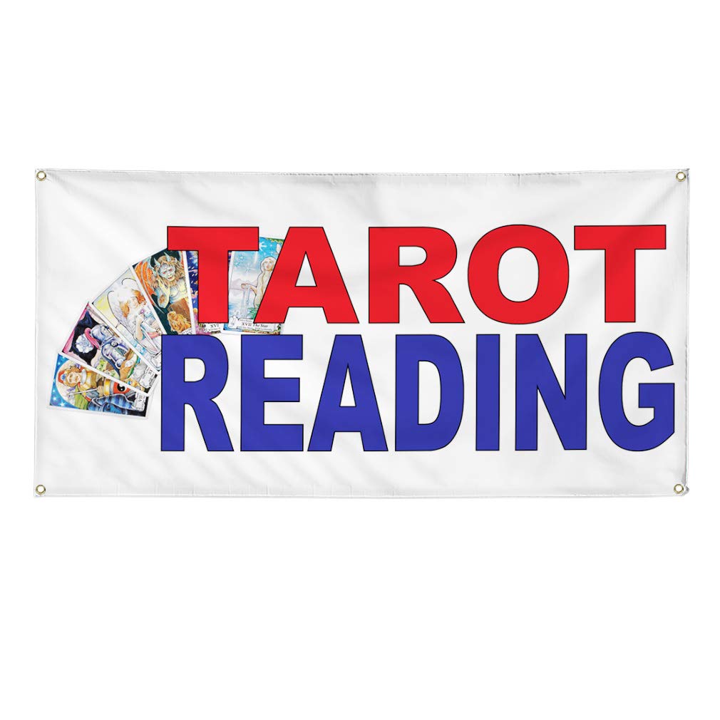 Premium Vinyl Banner - Tarot Reading Design in Red & Blue - Weatherproof Outdoor Yard Sign (60x144 Inches, 10 Grommets) - Perfect for Fantasy Events, Psychic Readings & Durable Industrial Use
