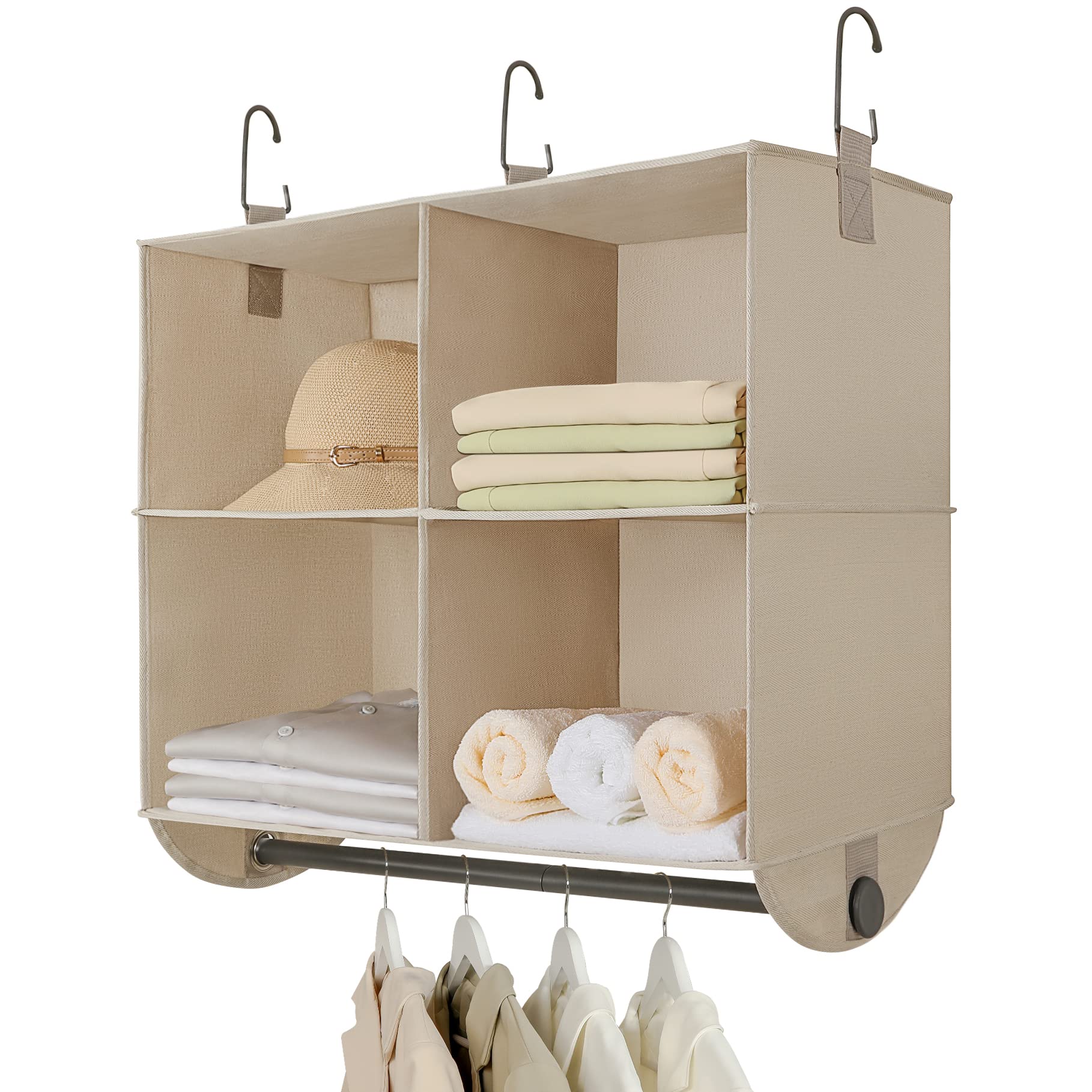 TOPIA HOME 4-Section Hanging Closet Organizer with Rod - Upgraded Thickened Fabric Shelves for Clothes, Shoes & Accessories - Collapsible Storage Solution (24