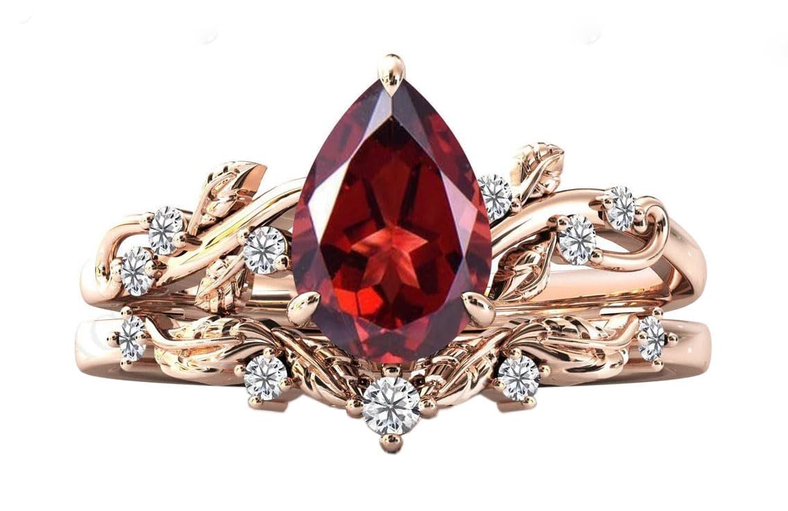 Vintage Red Garnet Engagement Ring Set - Art Deco Leaf Design Wedding Ring, Pear Cut Antique Bridal Anniversary Rings for Women - Perfect for Proposals, Weddings, Anniversaries & Romantic Gifts
