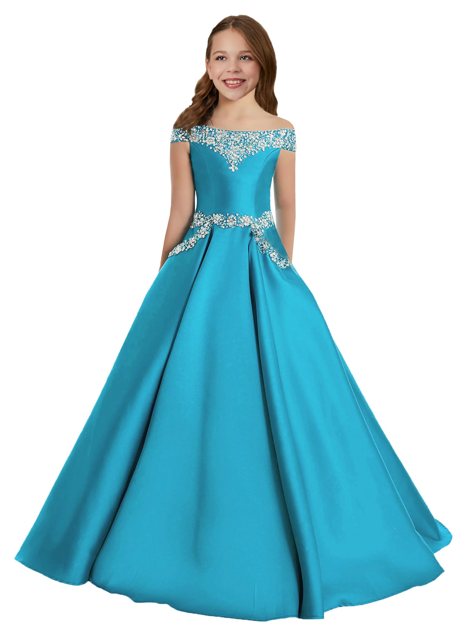 Off The Shoulder Girls Pageant Dresses Satin Long Princess Birthday Party Dress with Pockets - Elegant Formal Gown for Pageants, Quinceañeras, Prom & Special Occasions
