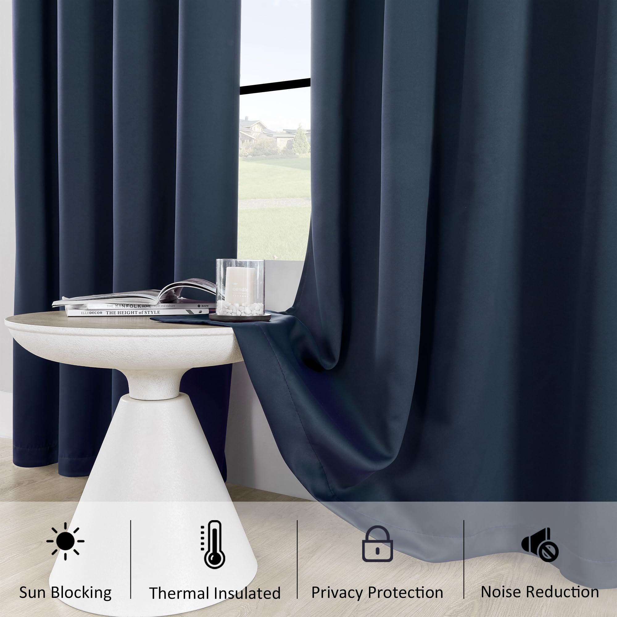 **HUTO Blackout Curtains 42x54 Inch - Thermal Insulated Navy Blue Grommet Drapes for Bedroom, Living Room & Small Windows - Noise Reducing, Energy Efficient, Light Blocking (1 Pair, Antique Copper Finish)**