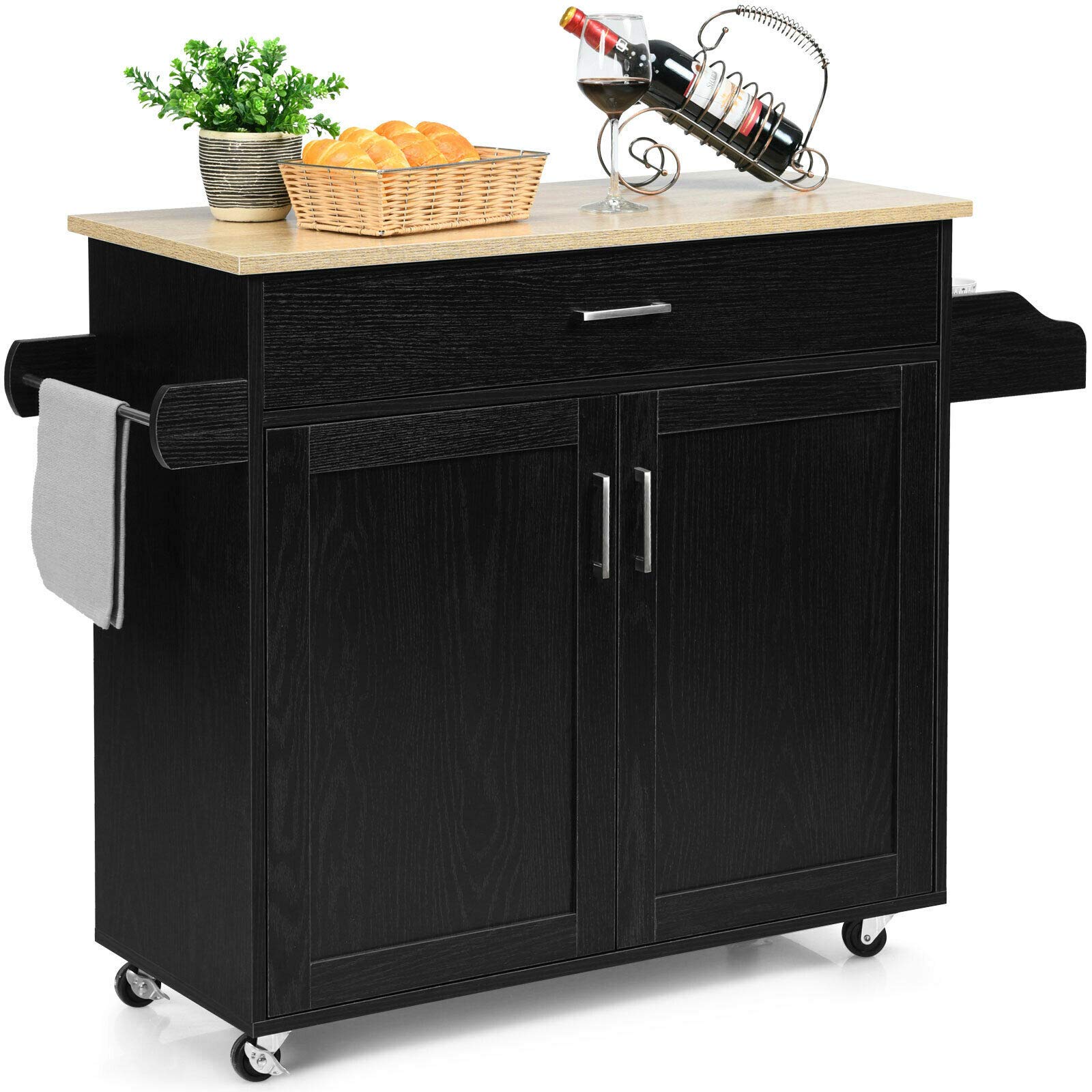Black Rolling Kitchen Island Cart with Spice Rack - 1 Drawer & Cabinet Storage, Spacious Countertop for Dinnerware & Wine Glass Organizer - Perfect for Small Kitchens, Entertaining & Food Prep