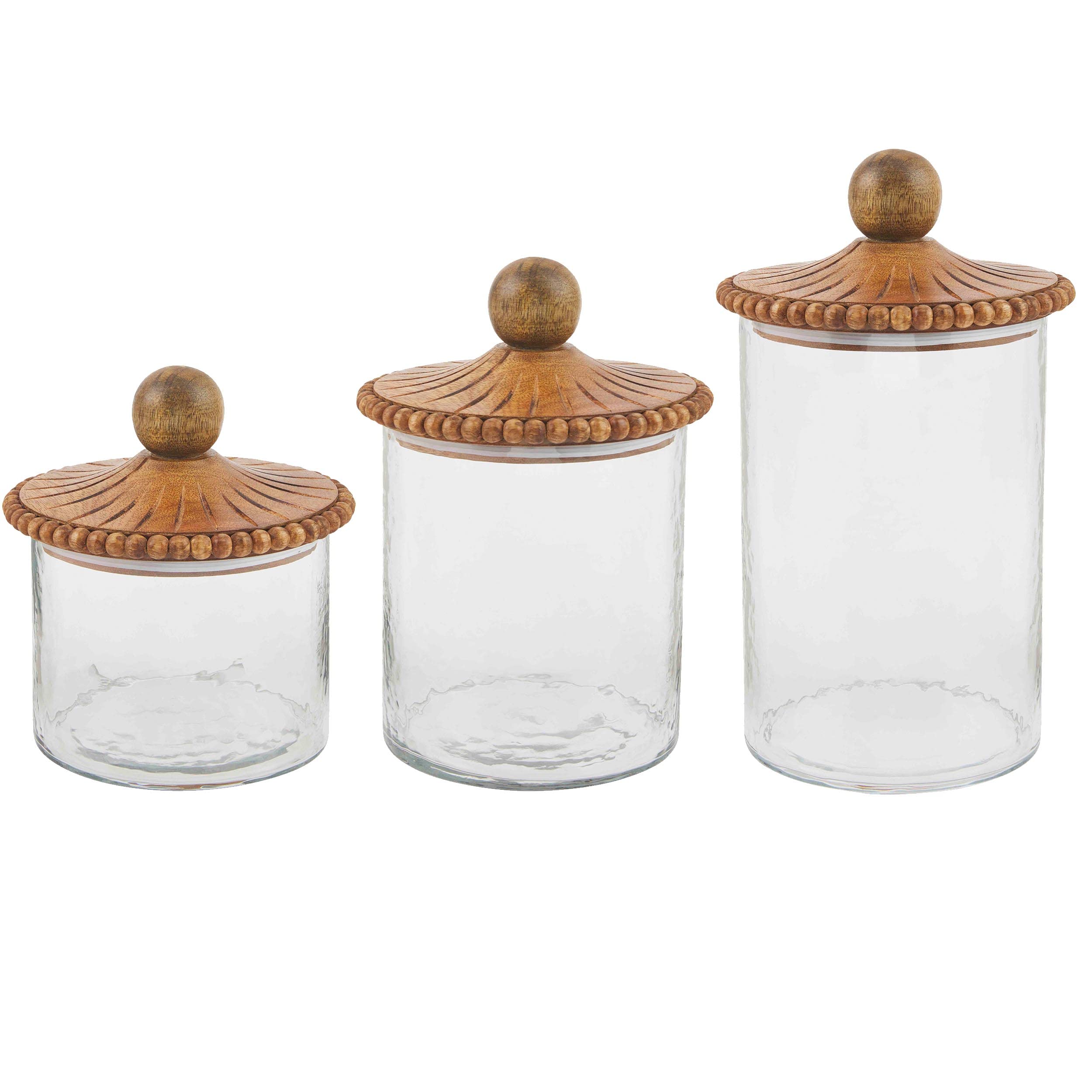 Elegant Mud Pie Glass & Brown Beaded Canister Set - 3 Piece Kitchen Storage Containers for Sugar, Flour & Coffee | Perfect for Pantry Organization & Farmhouse Decor