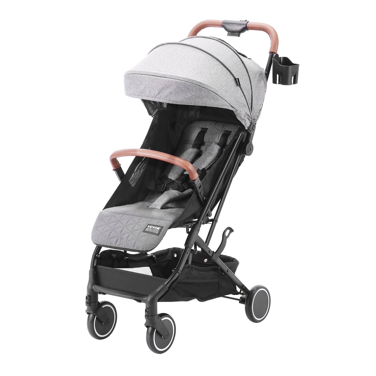 VEVOR Adjustable Baby Stroller for Newborns & Toddlers - Lightweight Travel Stroller with Reclining Backrest (95°-150°), Foldable Footrest (0°/90°), Cup Holder & Storage Bag - One-Click Folding Compact Stroller for Shopping, Travel & Daily Walks (Dark Grey)