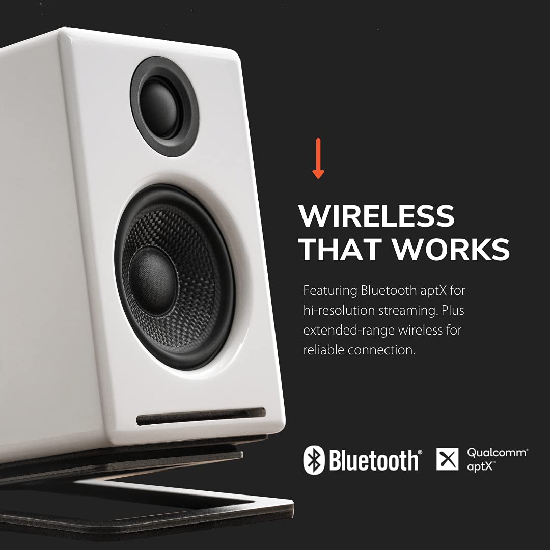 Audioengine A2+ Premium Bluetooth Bookshelf Speakers (White) with DS1M Metal Stands - Perfect for Home, Office & Studio Audio Setup