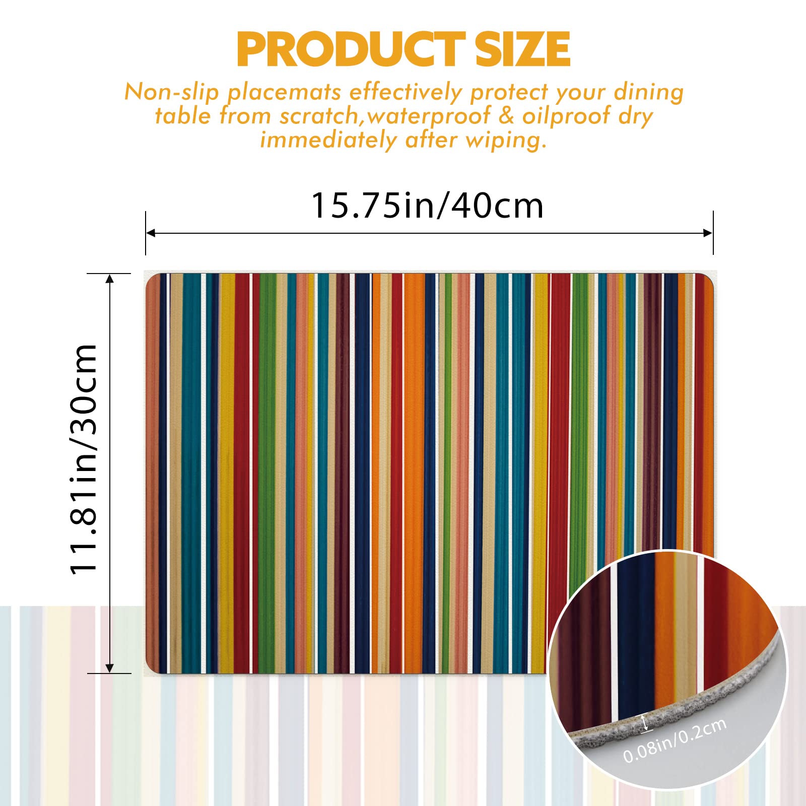 Color Stripe Placemats for Dining Table - Heat Resistant Non-Slip PVC Kitchen Mats, Washable & Durable Table Mats for Home, Restaurant, and Party Use