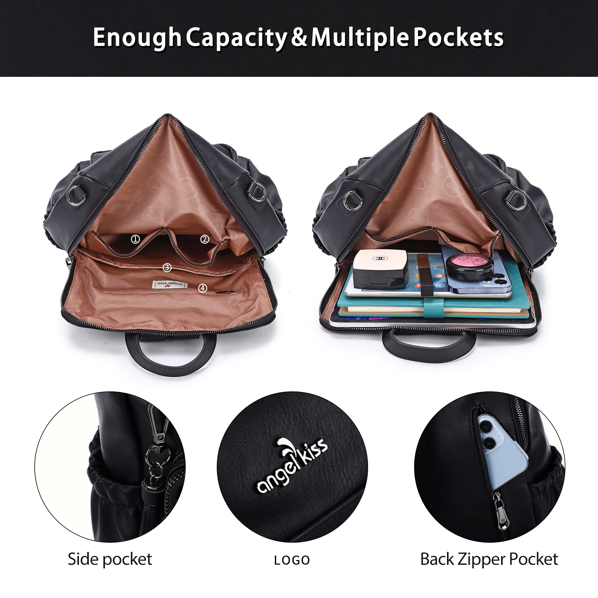 Angel Kiss Women's PU Leather Backpack Purse - Stylish Zipper Casual Backpack & Shoulder Bag for Work, Travel & Daily Use