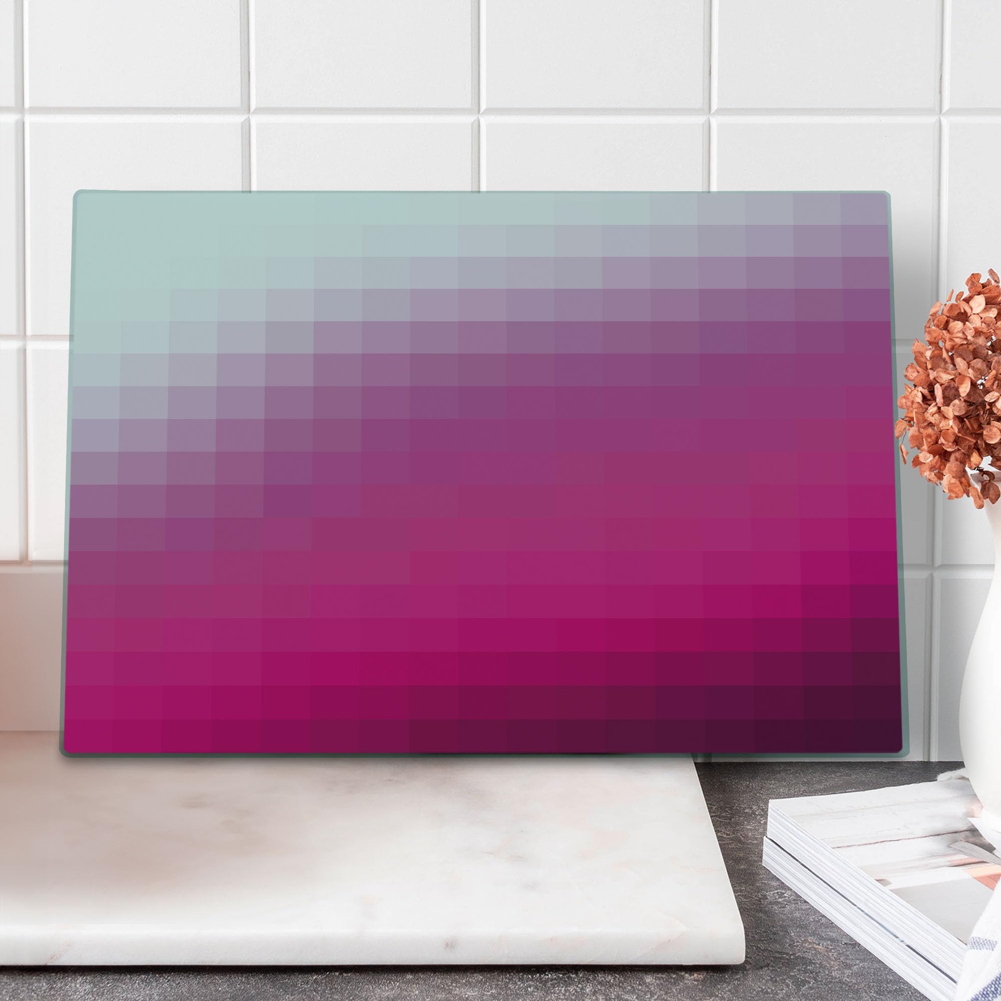 Ambesonne Hot Pink Tempered Glass Cutting Board - Modern Mosaic Ombre Design, Large Decorative Serving Board for Kitchen, Dining & Entertaining - Hot Pink, Dark Purple & White