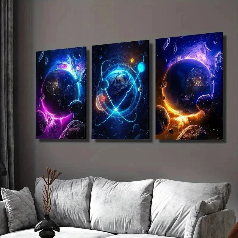 3-Piece Outer Space & Sci-Fi Fantasy Planets Wall Art Set - Framed Canvas 50x70cm (20x28in) - High Quality Print - 100% Australian Made - Ready to Hang - Perfect for Living Room, Bedroom & Office Decor