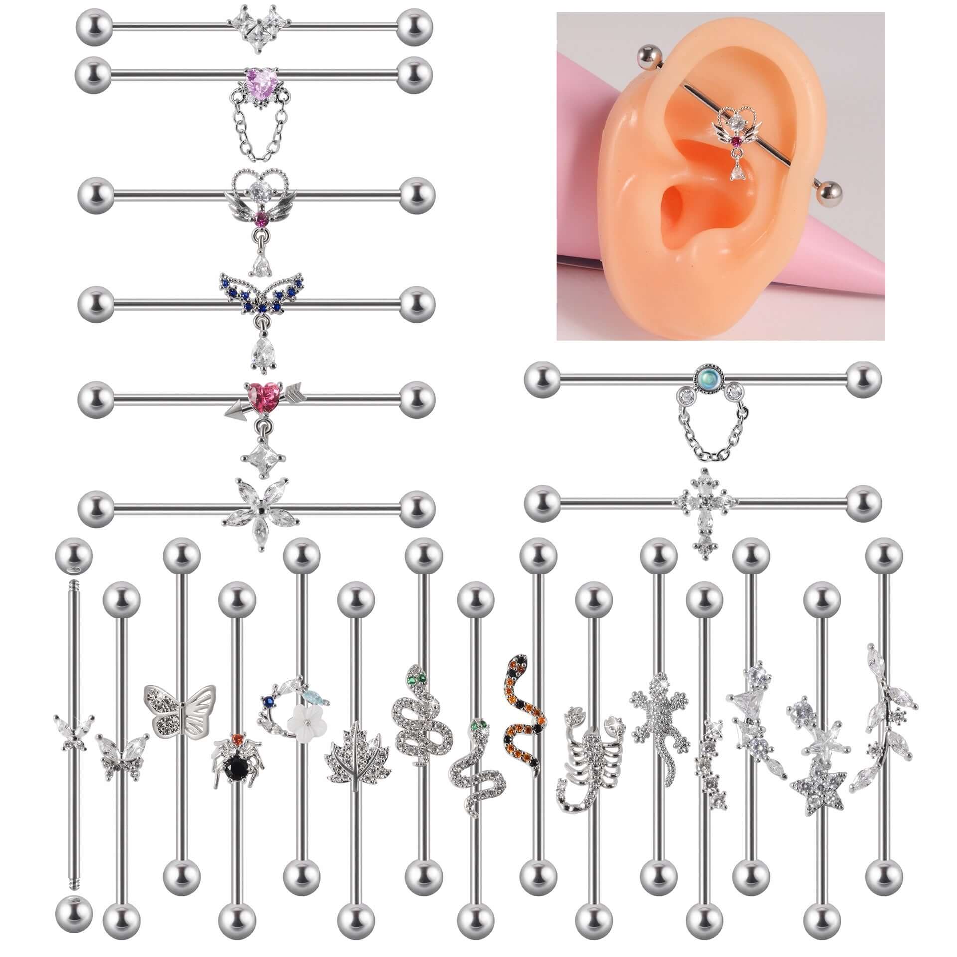 14g Silver Scorpio Insect Industrial Barbell Body Jewelry - Belly Button & Nose Piercing Bar | Perfect for Gothic, Punk & Alternative Fashion Styles