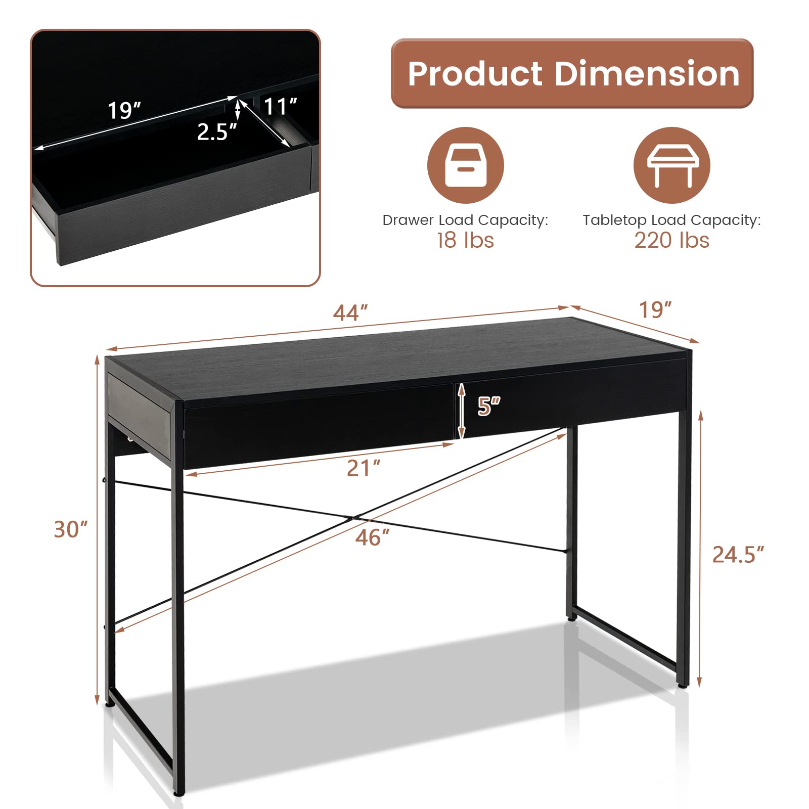 GOFLAME 44 Inch Computer Desk with 2 Storage Drawers - Sturdy Steel Frame Home Office Desk, Study Writing Workstation & Makeup Vanity Table for Living Room, Bedroom & Home Office - Perfect for Remote Work, Online Classes & Small Space Organization (Black)