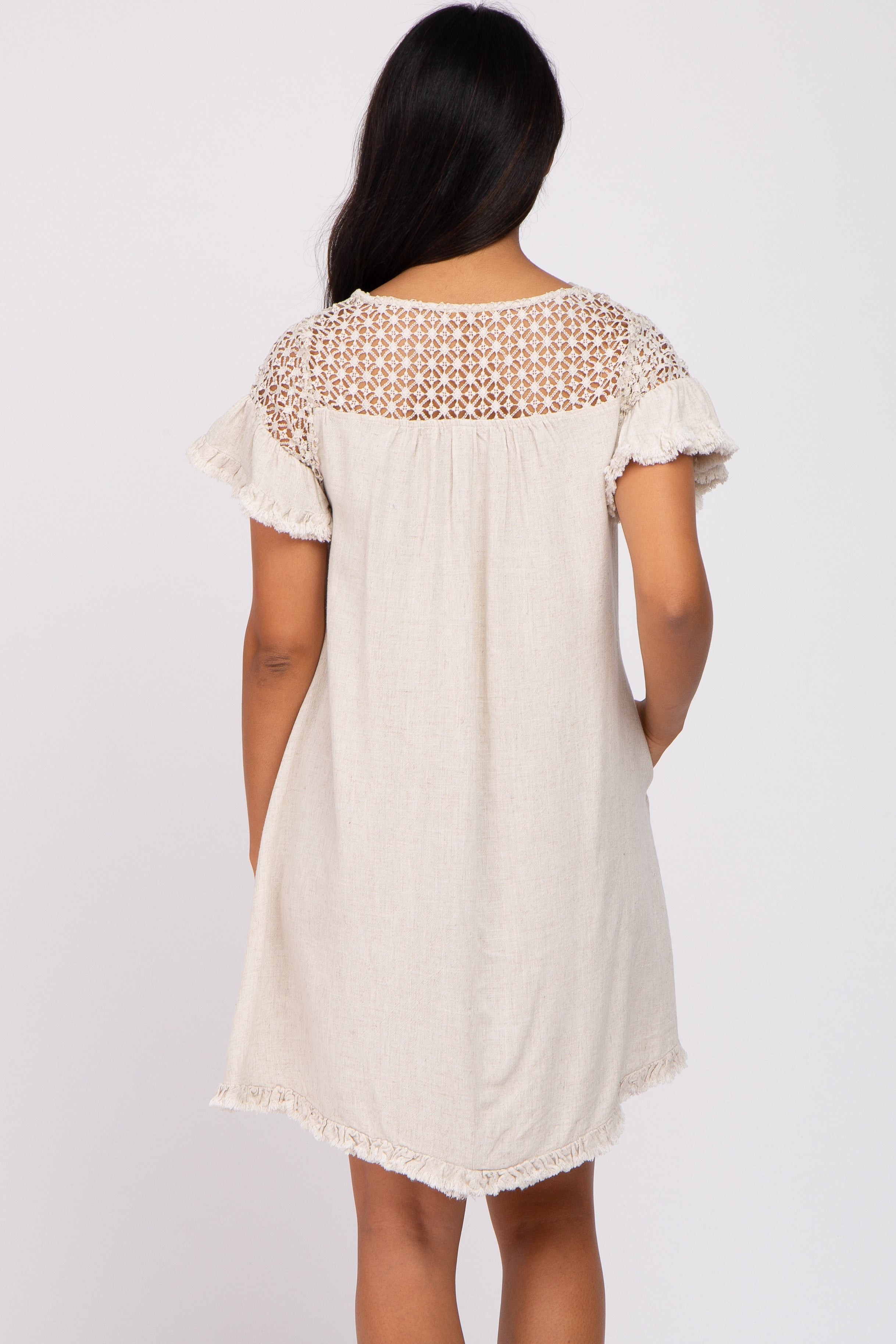 Beige Linen Crochet Shoulder Fringe Hem Maternity Dress - Comfortable Boho Chic Pregnancy Outfit for Summer, Beach, and Special Occasions