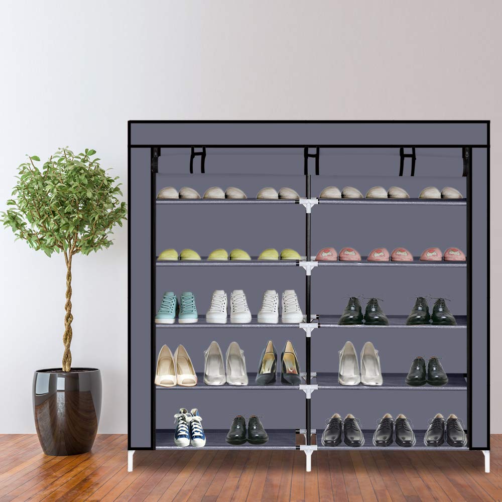BNSPLY Double Row Non-Woven Fabric Shoe Rack - Holds 36 Pairs, Portable Shoe Storage Organizer with Durable Cover, Space-Saving Grey Shoe Shelf for Closet, Entryway, or Dorm Room Organization