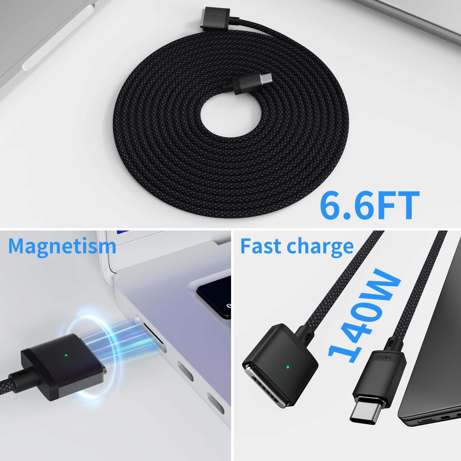 140W USB-C to Magnetic 3 Fast Charging Cable - Compatible with MacBook Pro 2024 M3 Pro/Max, MacBook Air 2022 M2, MacBook Pro 2023 M2 Pro/Max - 6.6ft Magsafe Charger for 14