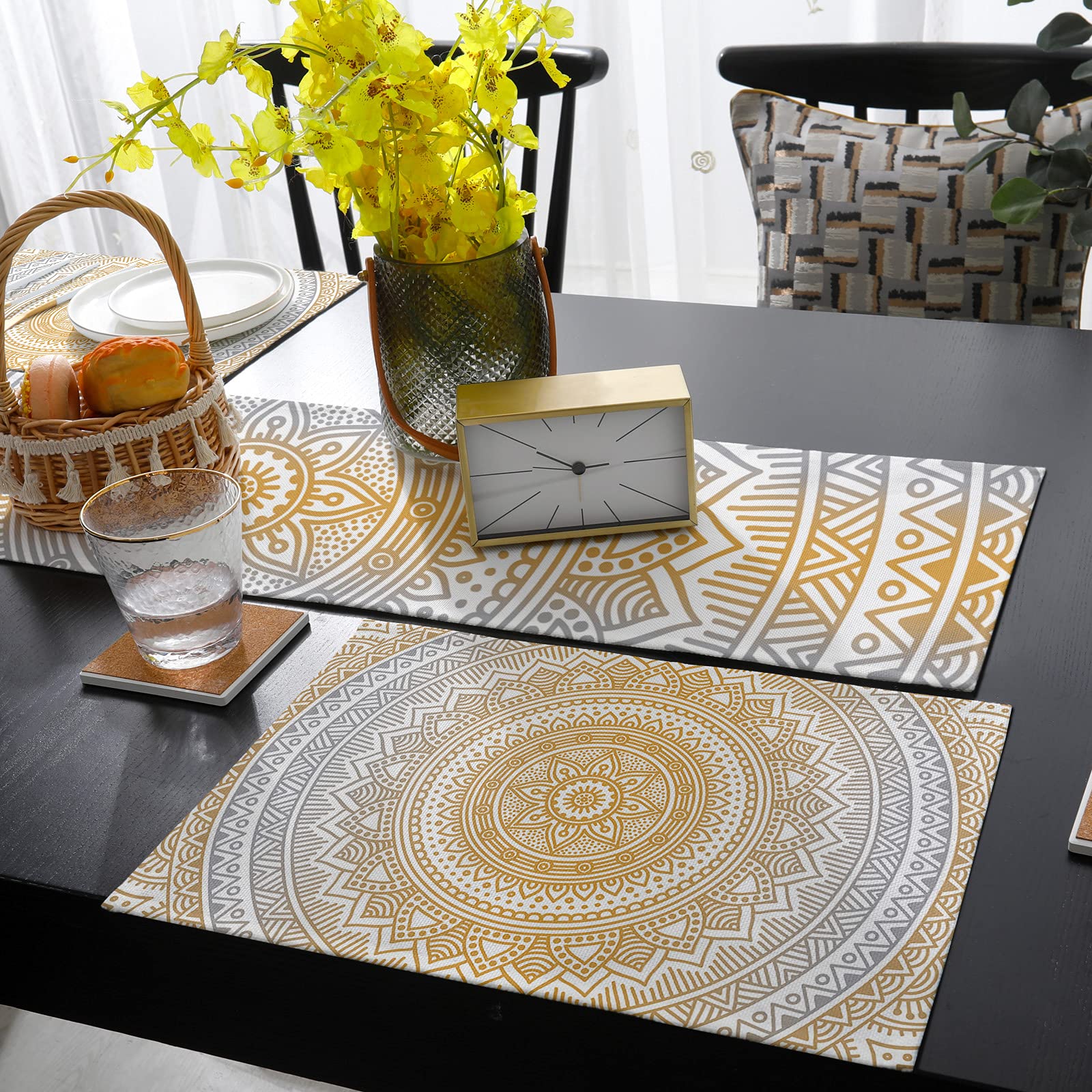 Orange Mandala Pattern Cotton Linen Placemats Set with Matching Table Runner - Heat-Resistant Burlap Dining Table Mats for Kitchen, Parties, Weddings & Home Decor - Perfect for Holiday Dinners and Special Events