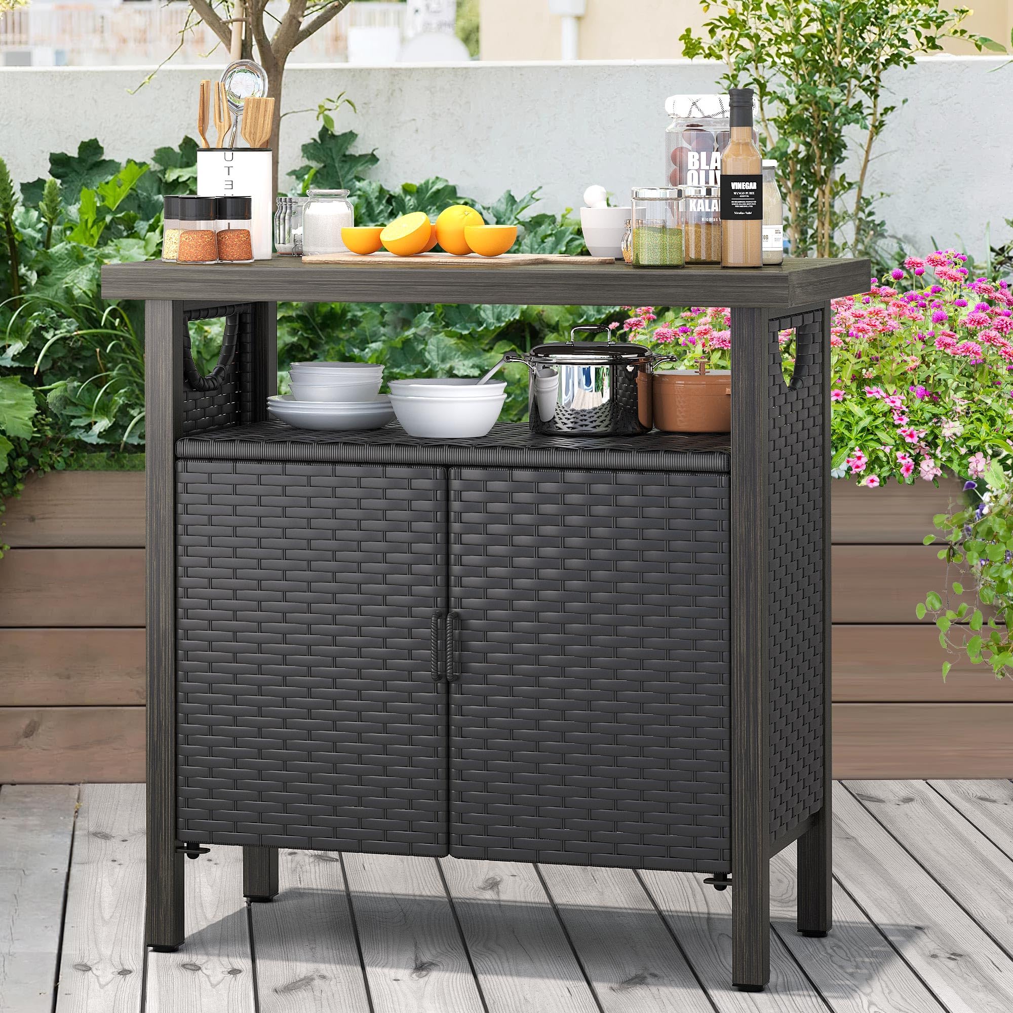 YITAHOME Outdoor Storage Cabinet with 2 Doors & Shelves - Weatherproof Wicker Patio Bar Table for Cushions, Pool Tools & Garden Supplies - Black | Perfect for Backyard, Deck & Poolside Storage Organization