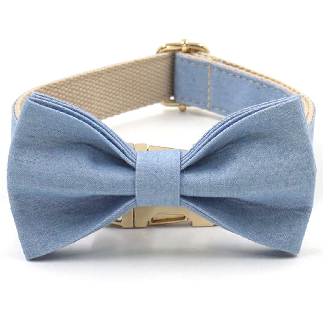 Personalized Denim Dog Collar with Engraved Name & Phone Number - Gold Metal Buckle, Light Blue Jean Pet Collar for Large & Medium Dogs - Perfect for Weddings, Birthdays & Special Occasions (XL Size with Bow Tie) - Durable & Stylish Dog Accessory for Daily Walks & Photo Shoots