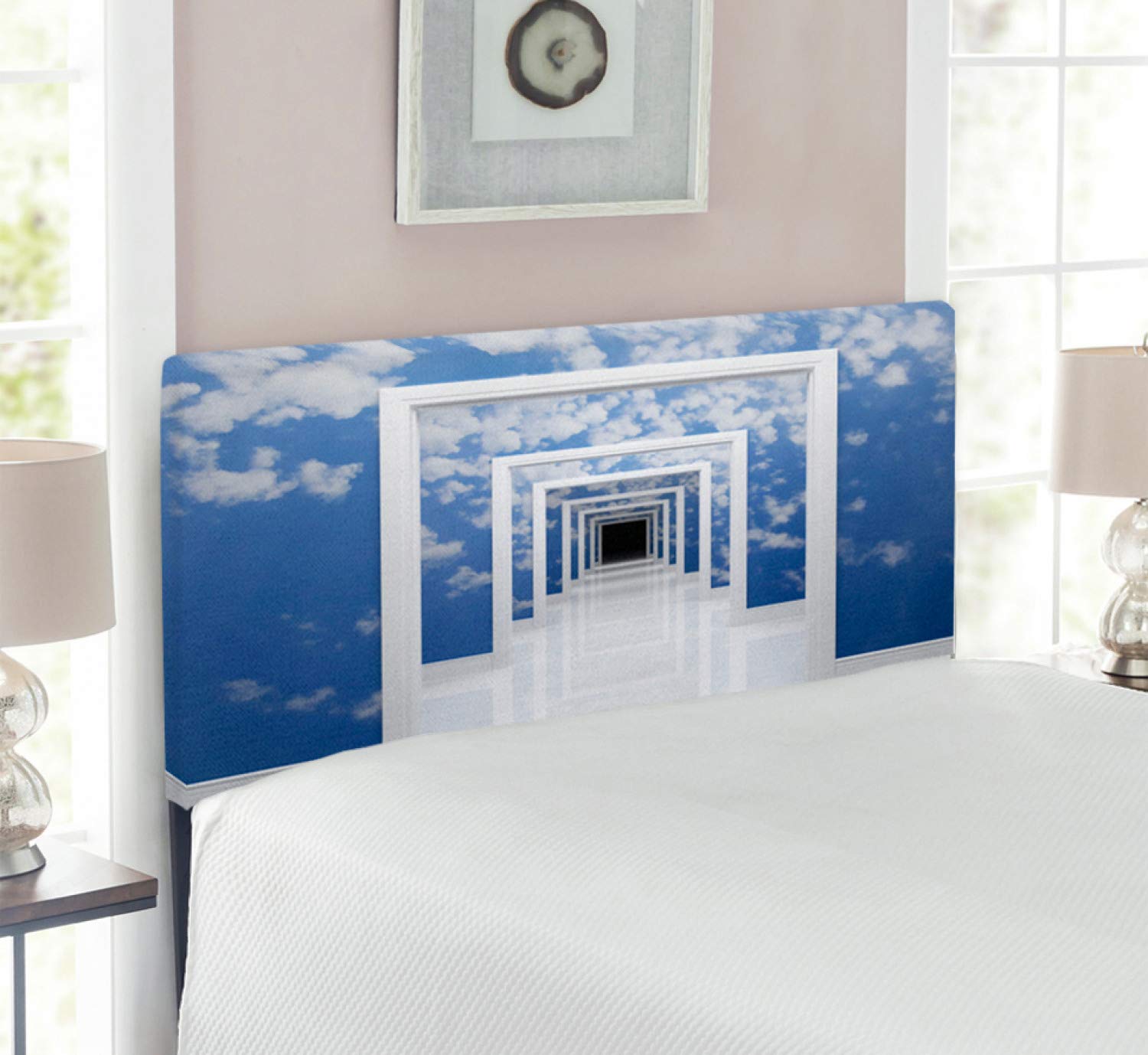 Ambesonne Futuristic Headboard - Sky Clouds & Modern Architecture Design, Upholstered Metal Bed Headboard with Memory Foam, Twin Size, Blue & White - Perfect for Contemporary Bedrooms & Guest Rooms