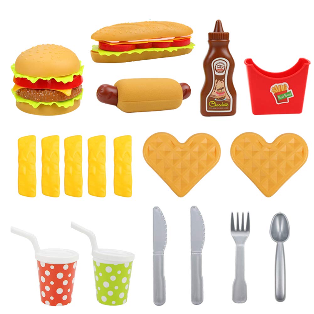 Pretend Play Fast Food Set - Kids Kitchen Toy Accessories with Plastic Burger & Hot Dog - Educational Play Food for Toddlers & Children - Perfect for Birthday Gifts & Role-Playing Games (Ideal for Home, Preschool & Daycare Pretend Play)