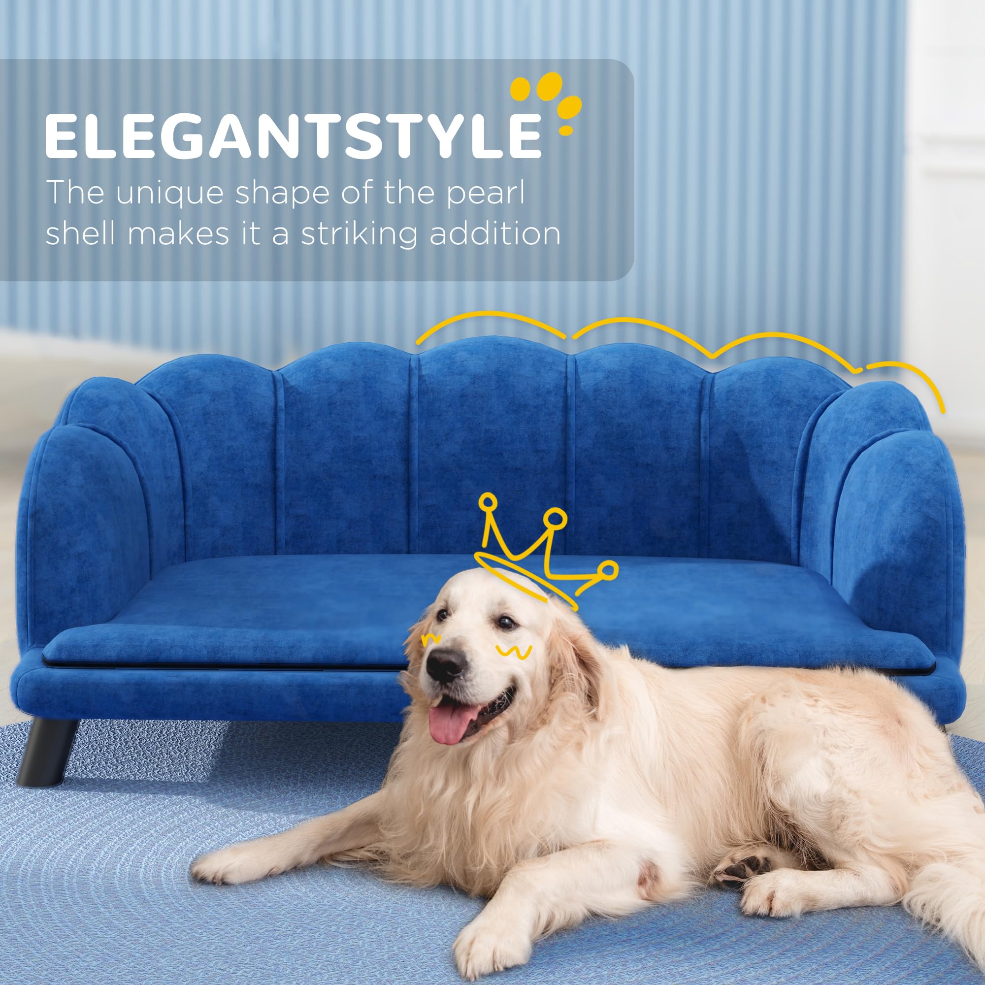 PawHut Velvet Large Dog Couch with Foam Cushion - Soft & Cute Dog Bed with Pearl Design for Medium & Big Dogs - Dark Blue Pet Sofa for Living Room, Bedroom & Pet-Friendly Spaces