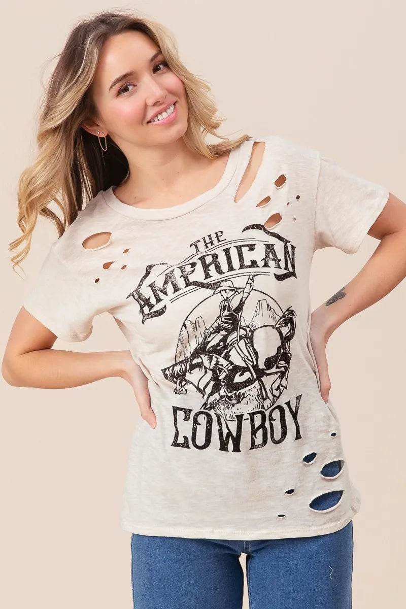 BiBi Cotton Slub Laser Top - Vintage American Cowboy Graphic Tee for Men & Women | Casual Streetwear, Western Style Fashion, Music Festival Outfit