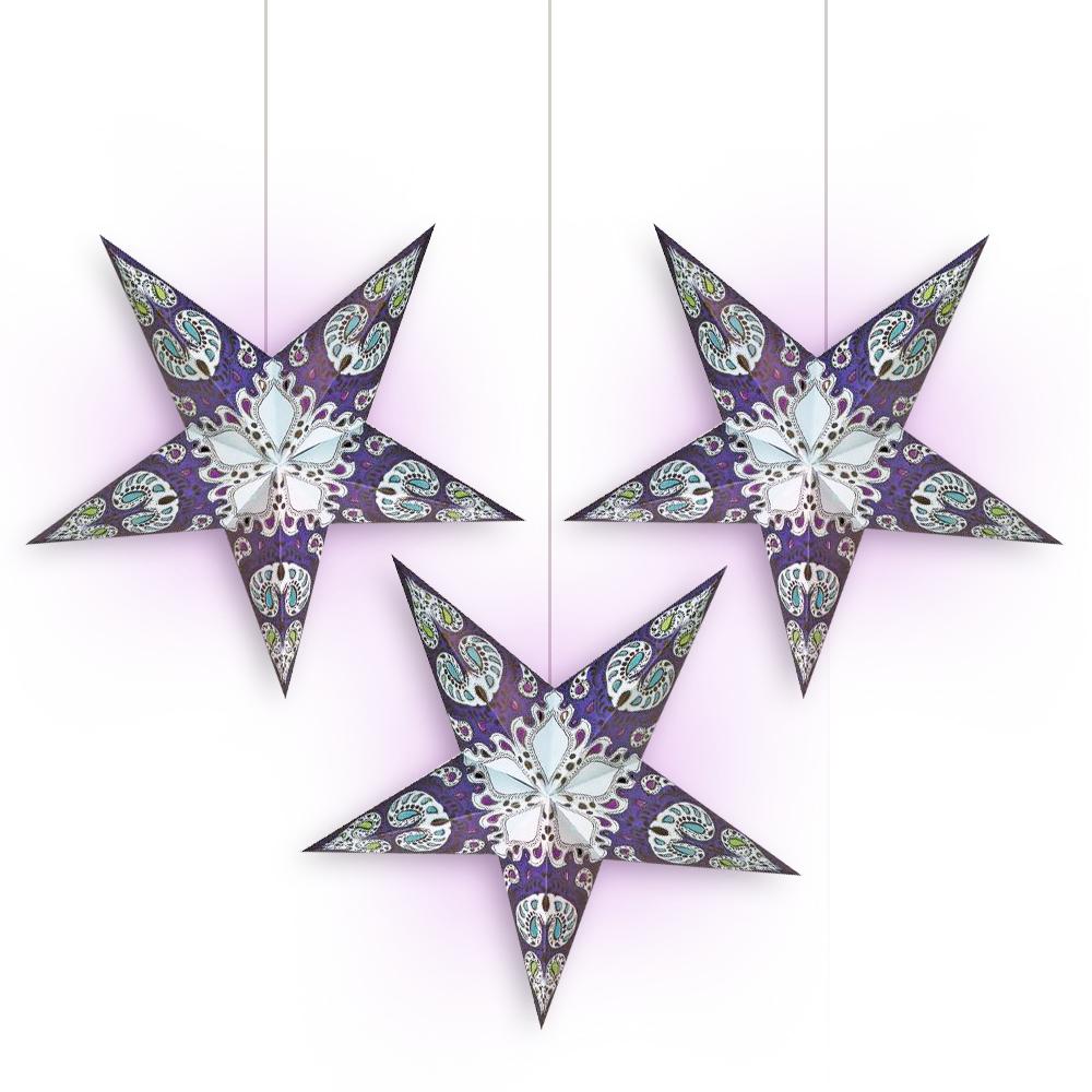 3 Pack Blue Rain 24 Inch LED Illuminated Paper Star Lanterns - Includes Bulbs & Cord for Indoor/Outdoor Party, Wedding, Festival & Home Decor Lighting