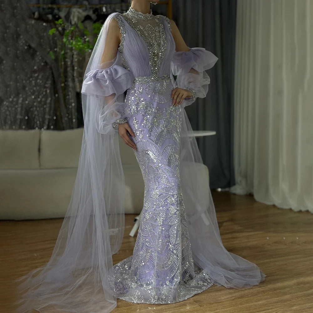 Luxury Dubai Arabic Lilac Mermaid Puffy Sleeves Sparkling Beaded Long Evening Dress Gown for Women - Formal Occasion Prom Wedding Party LA72745 | Elegant Beaded Gown for Special Events & Red Carpet