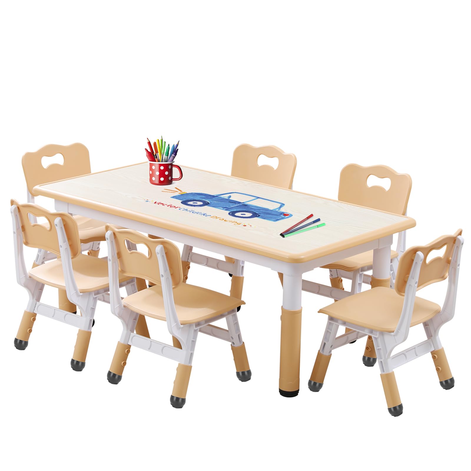 6-Piece Kids Table and Chairs Set for Toddlers to 8 Years Old - Includes 4 Leg Covers & 12 Color Pens | Perfect for Playroom, Preschool Learning, Arts and Crafts Activities