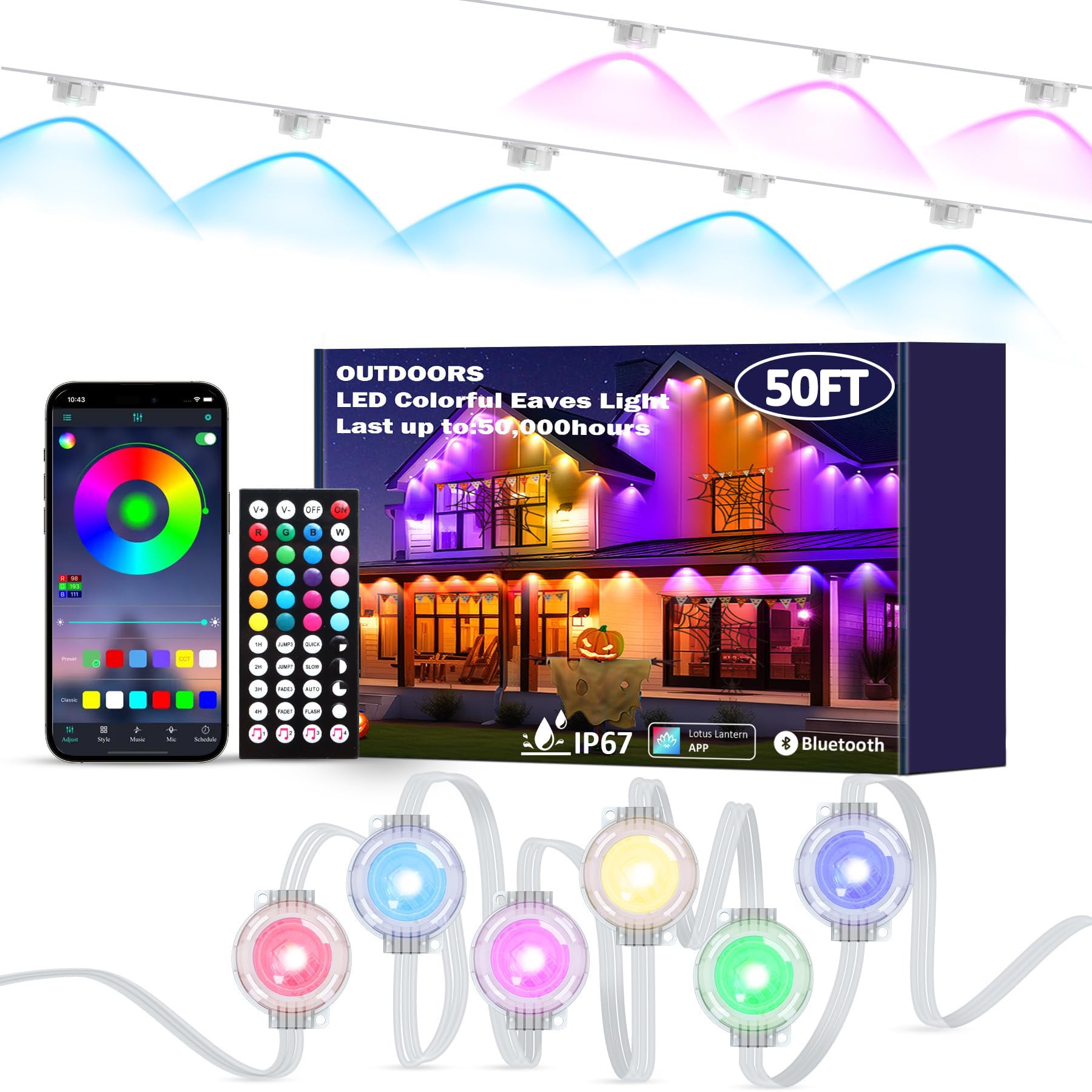 50FT Permanent Outdoor RGB LED Lights with APP & Remote Control, IP67 Waterproof LED String Lights for Christmas, Halloween, Party, Garden, Patio, and Home Decor - Perfect for Holiday Lighting, Landscape Accents, and Year-Round Outdoor Ambiance