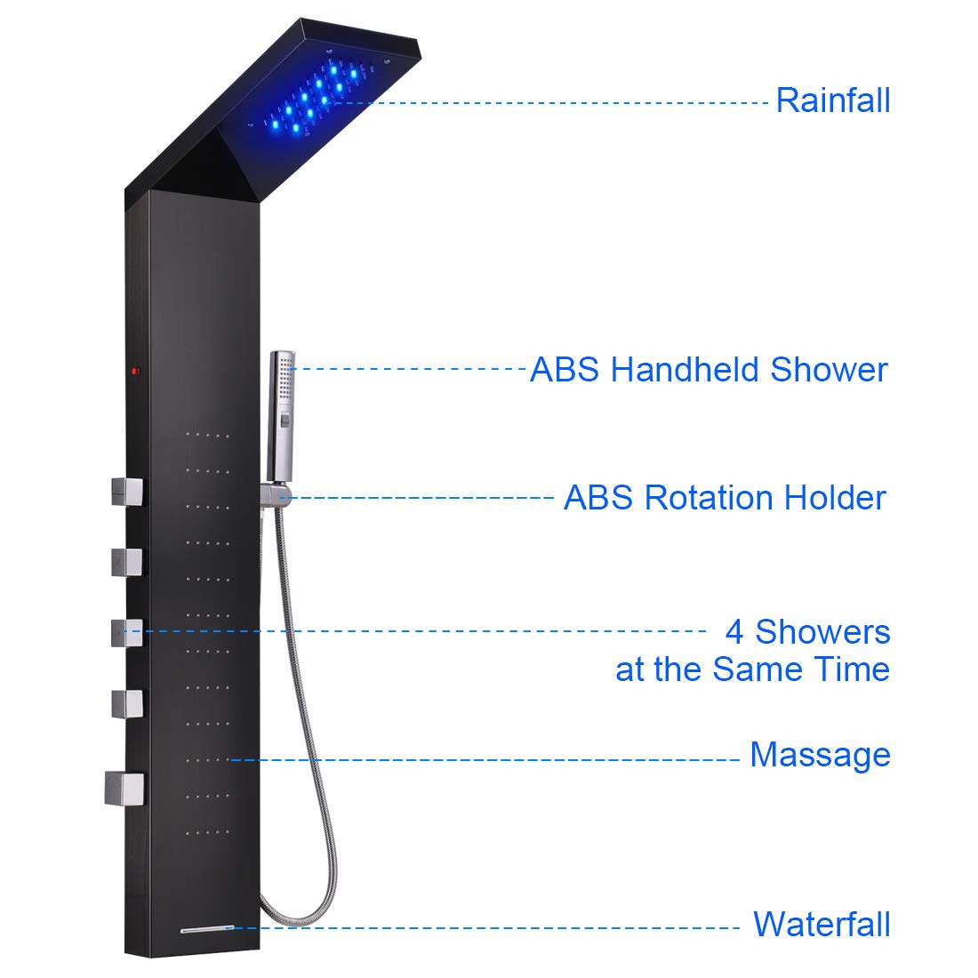 Premium LED Shower Panel Tower with Rainfall Shower Head & Body Massage Jets - Brushed Black Finish for Luxurious Spa Experience | Perfect for Master Bathroom, Hotel Suites & Relaxing Home Spa Retreats