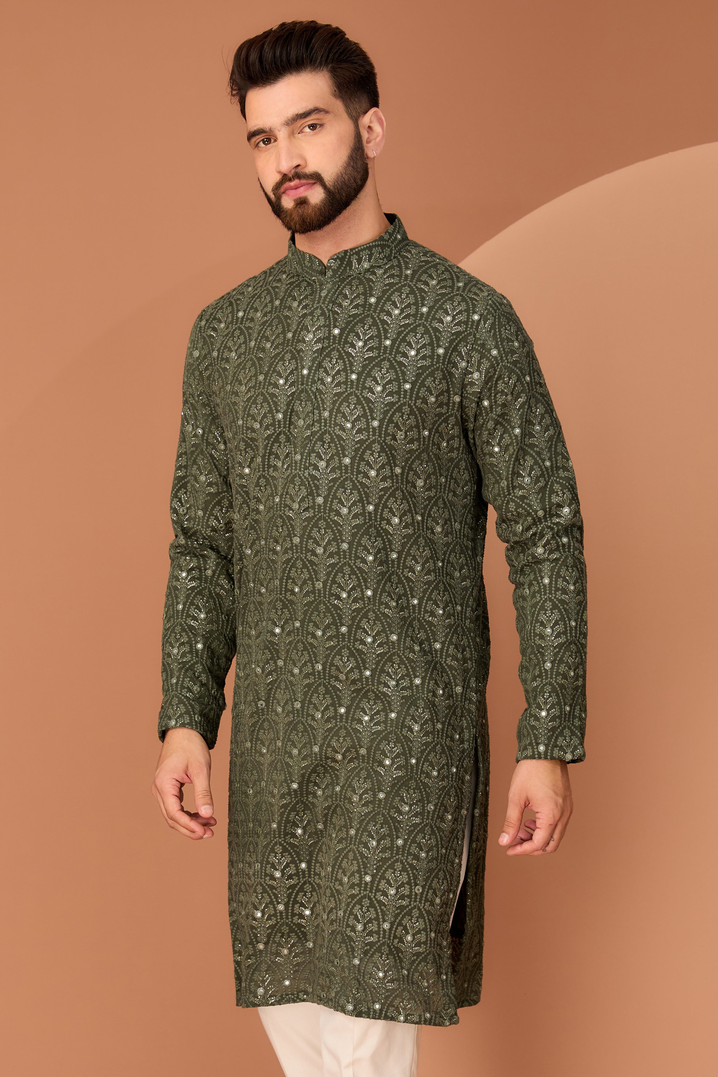 Stylish Military Green Chikankari Kurta for Women - Traditional Indian Embroidered Tunic - Perfect for Festivals, Weddings & Casual Wear