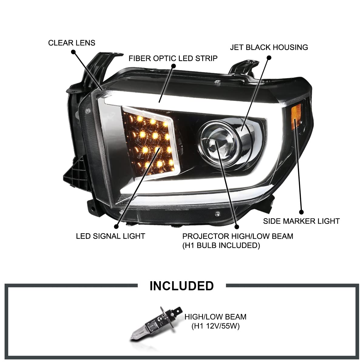 Spec-D Tuning Jet Black Projector Headlights with LED Light Bar - Compatible with 2014-2021 Toyota Tundra - Left & Right Pair Headlamp Assembly - Upgrade for Off-Road & Night Driving Visibility
