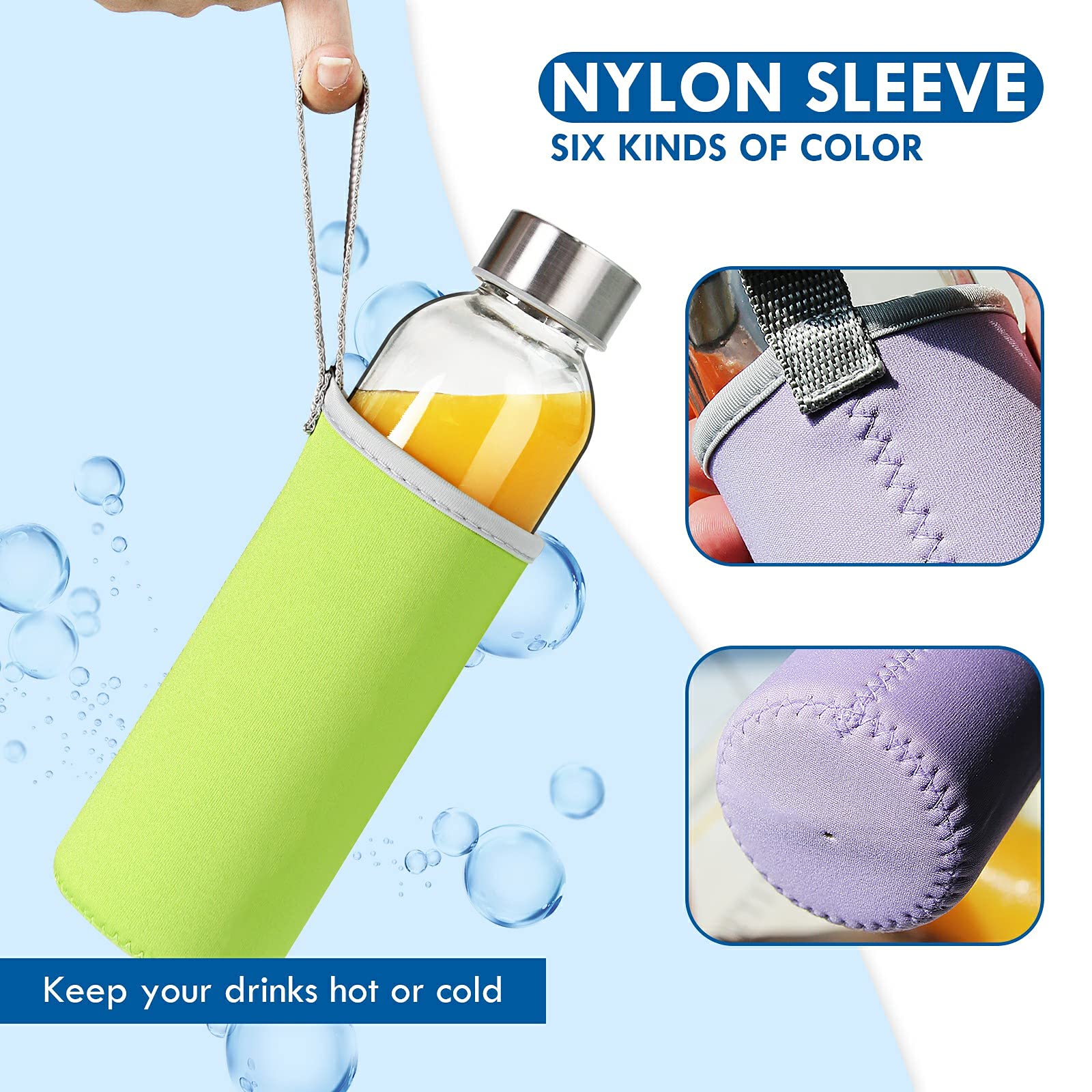 YEBODA 18oz Glass Water Bottles with Stainless Steel Lids & Colorful Nylon Sleeves - 6-Pack for Juice, Smoothies, Tea, and On-the-Go Hydration at Gym, Office, or Outdoor Activities