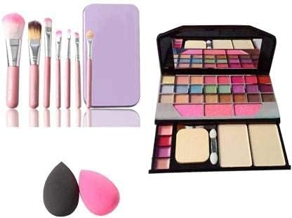 TYA 6155 Women's & Girls' 7-Piece Pink Makeup Brush Set with 2 Multicolor Beauty Blenders - 10-Pack Cosmetic Kit for Makeup Lovers & Beginners | Perfect for Travel, Birthday Gifts & Professional Makeup Application